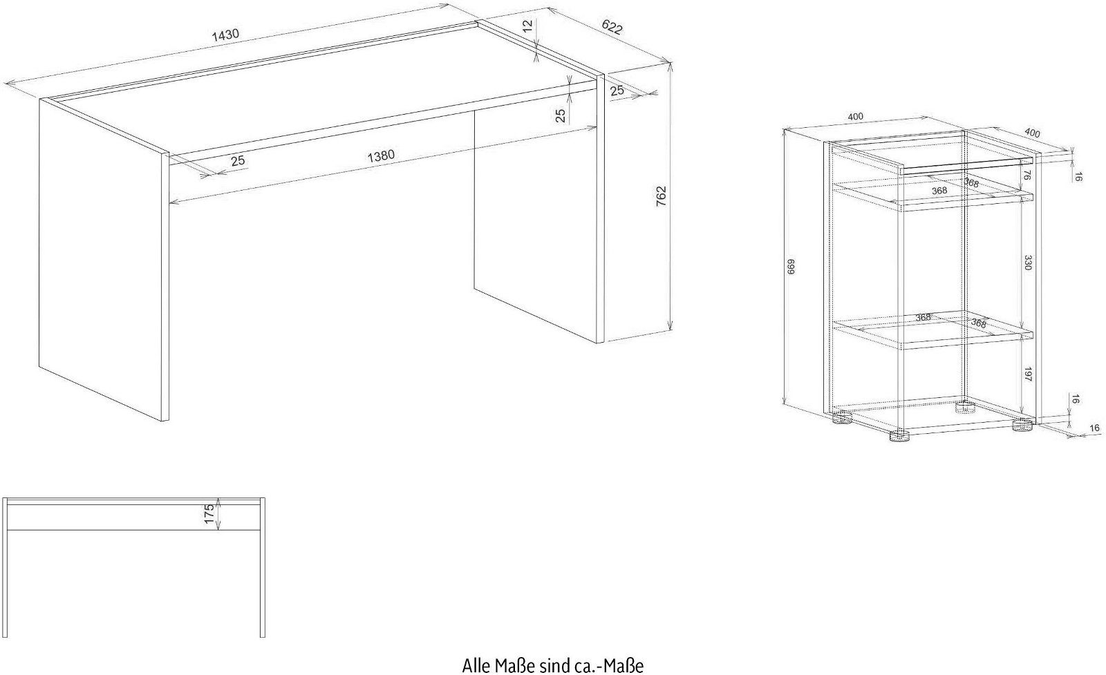 inklusive Wotan Container Schreibtisch Center grau mit matt Eiche, (in Set 2-teilig), Furn.Design