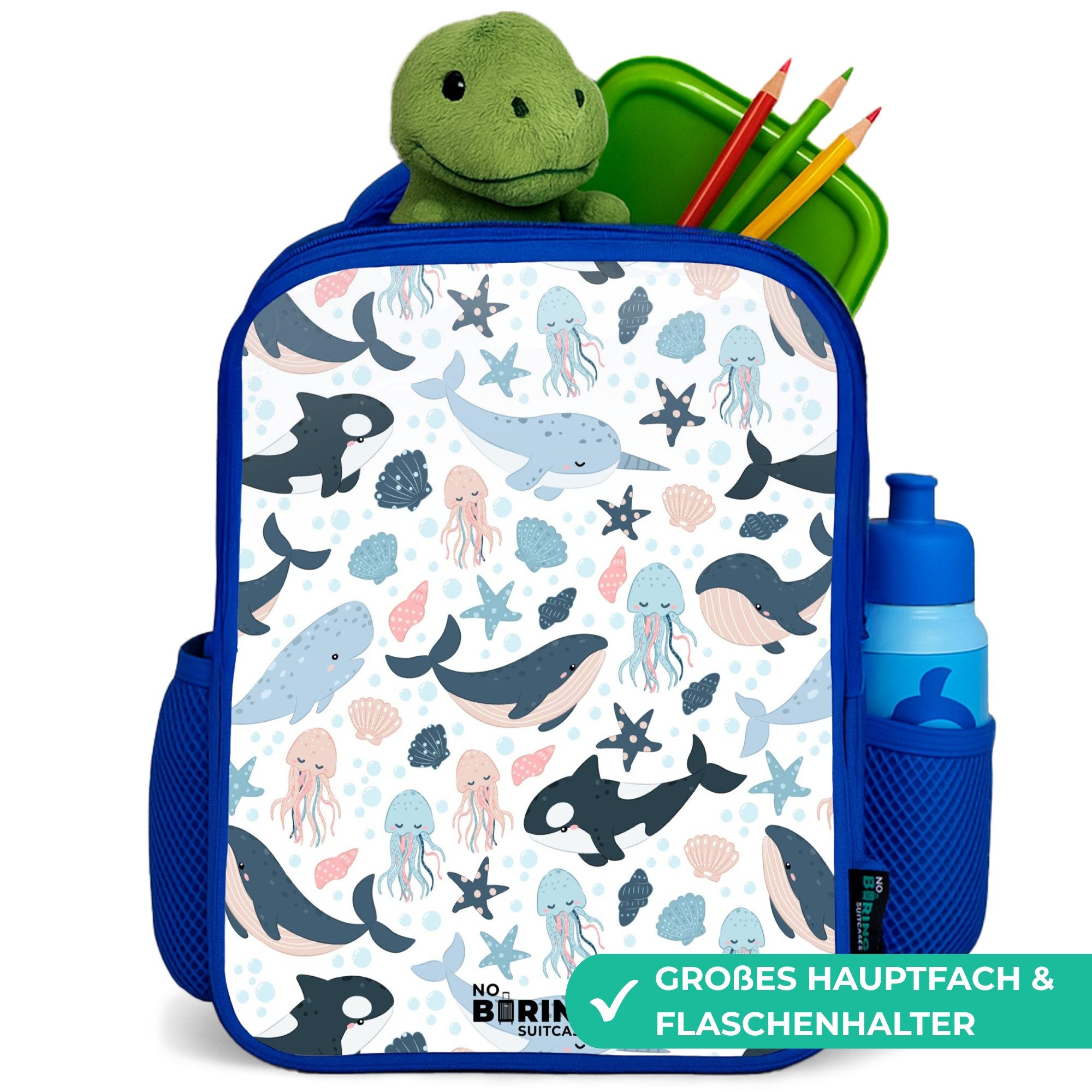 NoBoringSuitcases.com© Rucksack Blau - Seetiermuster mit Walen, Quallen und Orcas, Kinderrucksack, Schulrucksack, Freizeitrucksack, Jungen, Kindergarten