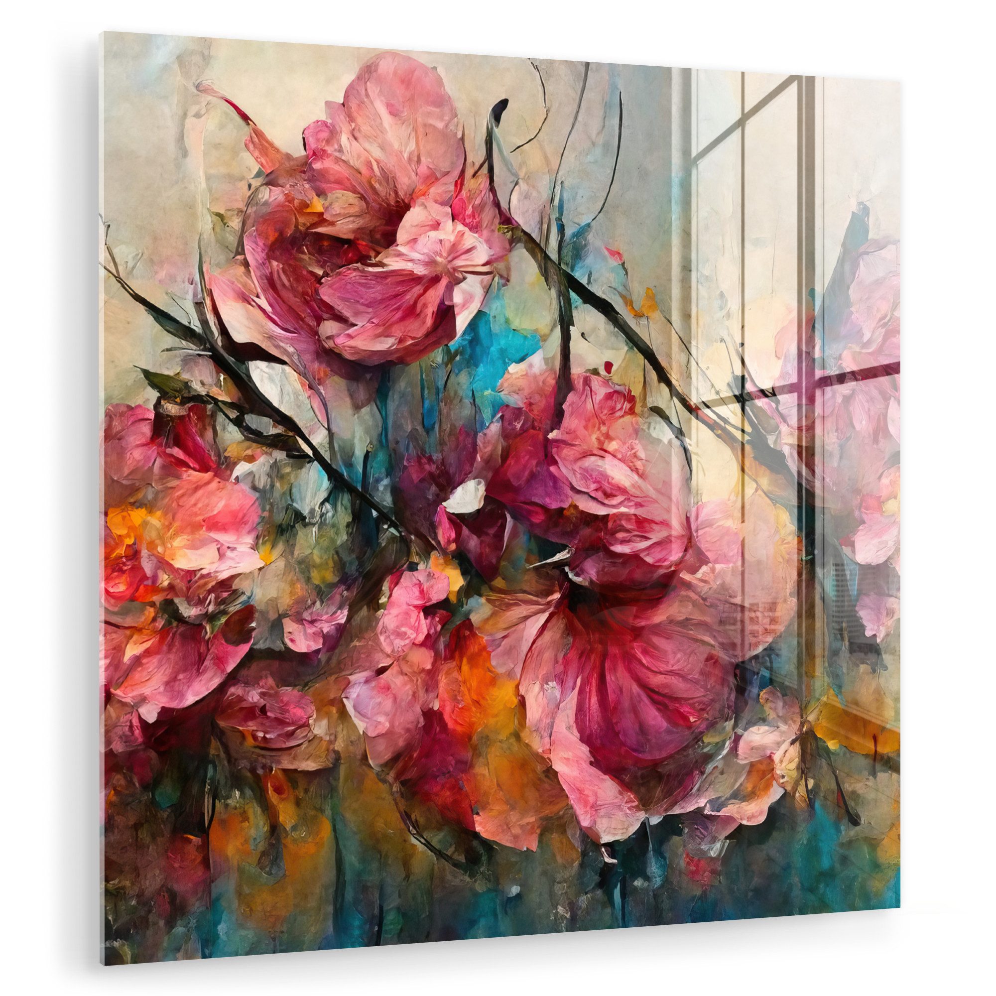MuchoWow Acrylglasbild Kunst - Blumen - Rosa - Rosen - Natur, Inkl. Aufhängung, Bilder auf Glas Wandbild, Wanddeko Wohnzimmer Badezimmer, 20x20 cm