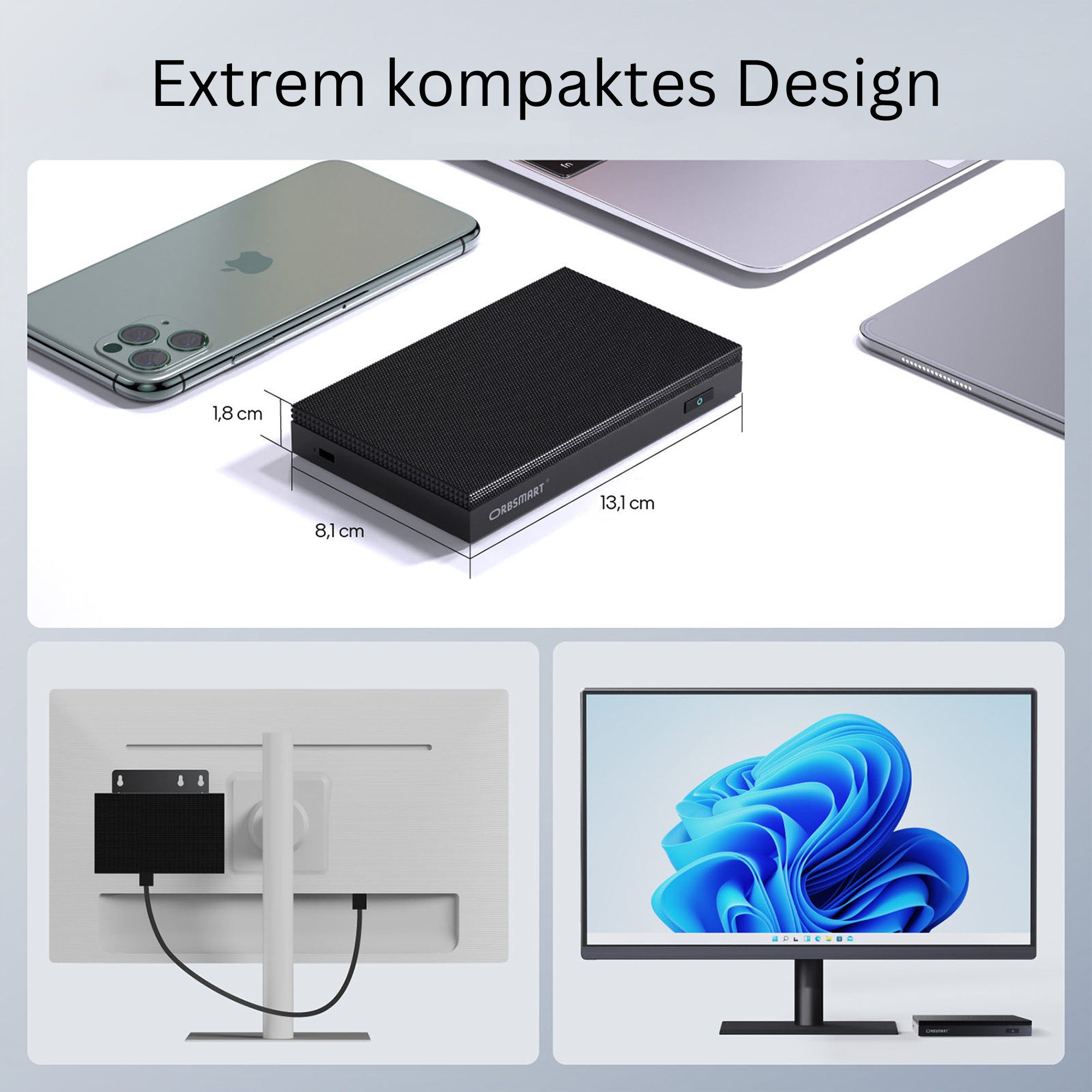 Orbsmart AW-16L Lüfterloser Computer für Büro & Office, deutscher Hersteller, Mini-PC (Intel Twin Lake N150, 8 GB RAM, 256 GB HDD, passiv, Windows 11 Pro, bis zu 3 Monitore, WiFi 6, lautlos)