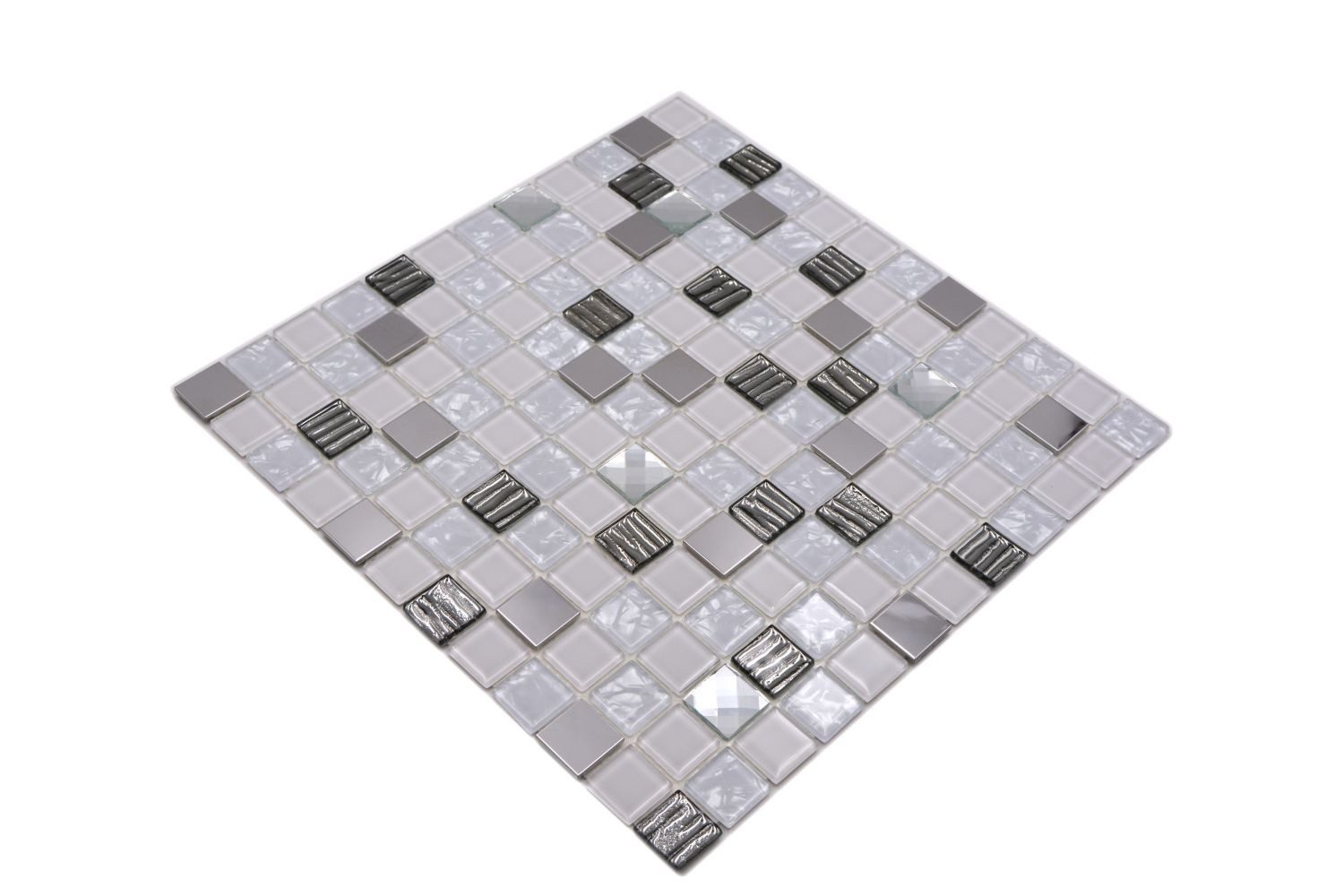 Mosani Wandfliese 10x Selbstklebende Mosaikfliesen DIY, Edelstahl, Glas 30x30, Weiß, Silber, Set, Dekorative Wandverkleidung