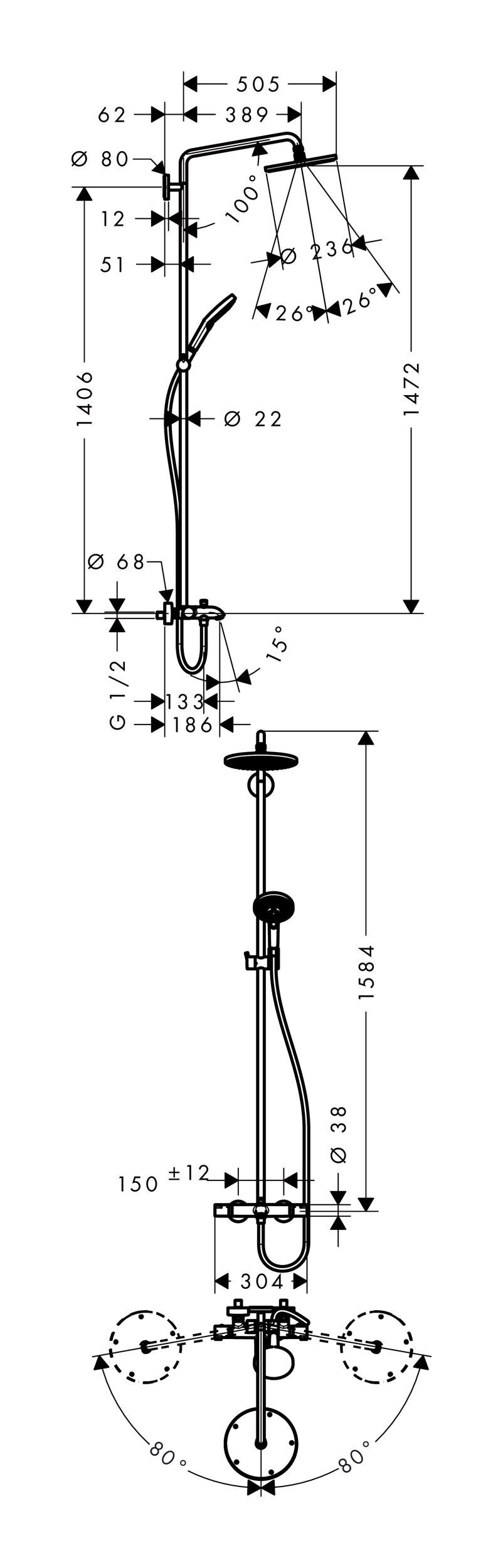 Thumbnail - hansgrohe Duschsystem Raindance S Showerpipe, Höhe 158.4 cm, 240 1jet mit Wannenthermostat - Chrom