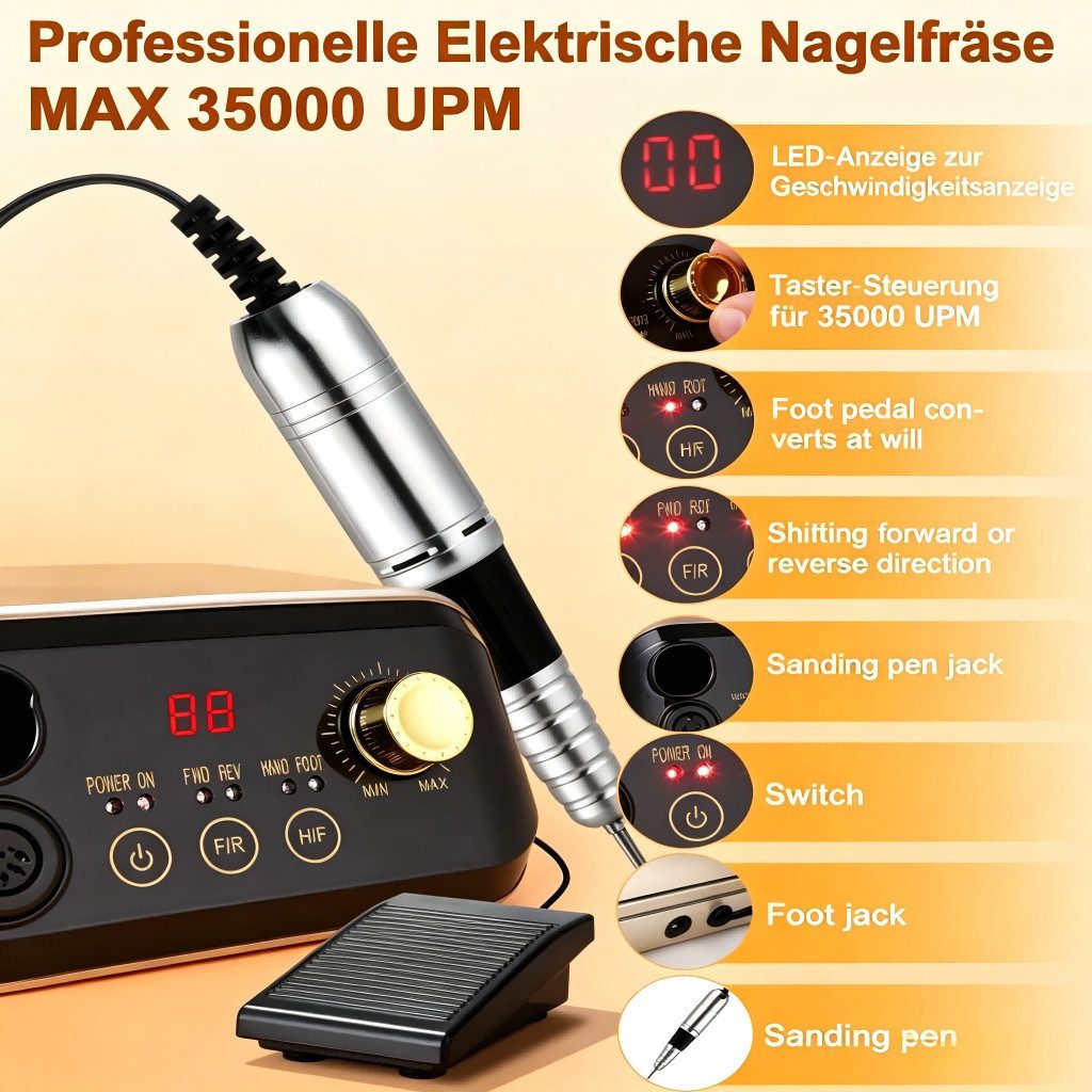 Toomoke Maniküre-Pediküre-Set Profi Nagelfräser Elektrisch 35000 U/min, Nagelfeile für Gelnägel Acryl UV Gel Maniküre Pediküre, mit Fußpedal & Fräseraufsätzen