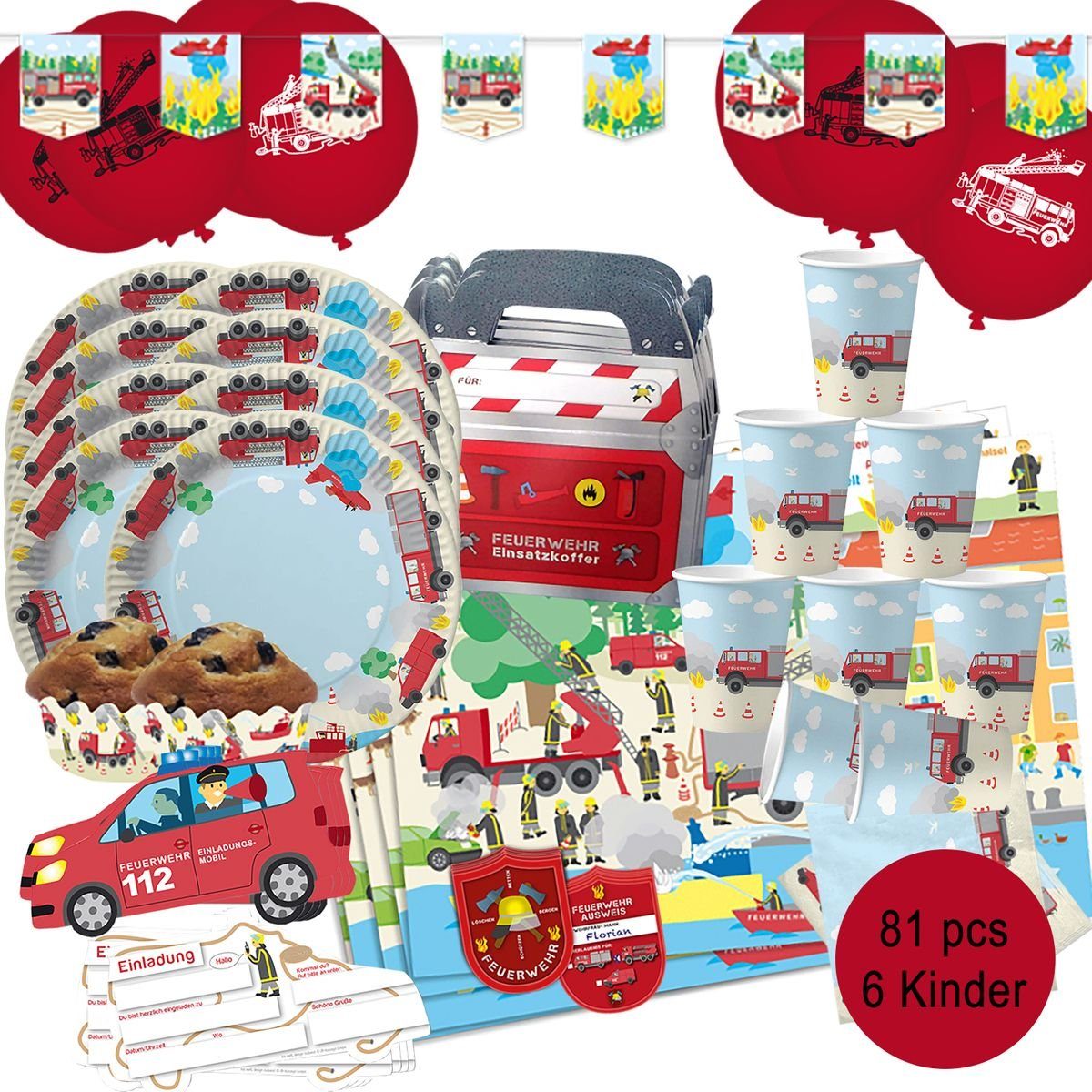 dh konzept Papierdekoration Feuerwehr XXL Party Deko Set für Kindergeburtstage