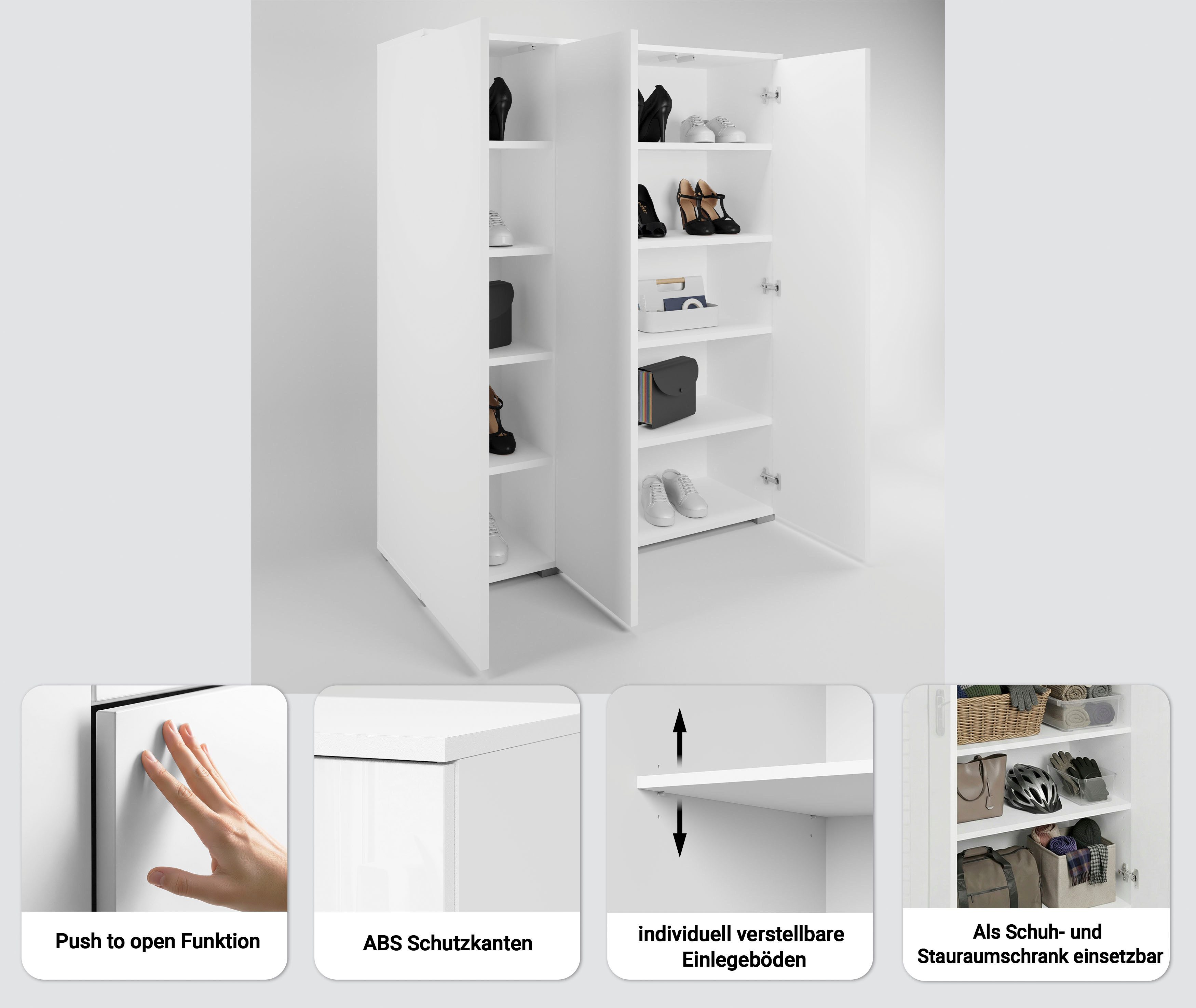 OTTO home Schuhschrank Paris 3-türiger griffloser geräumiger Schuhschrank 105cm brei