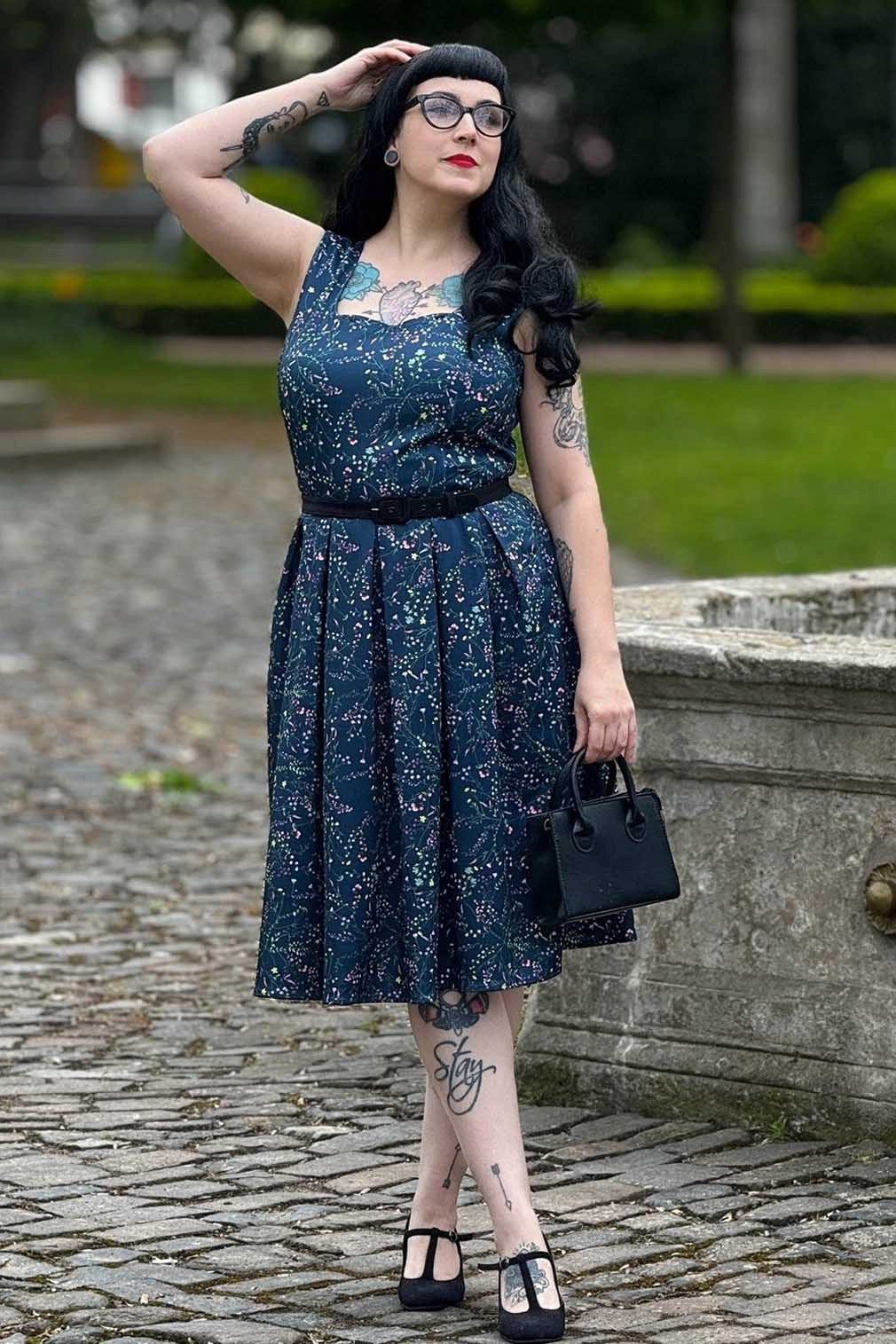 Dolly and Dotty A-Linien-Kleid Amanda Navy Blue Meadow Retro Rockabilly 50er