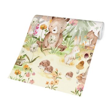 Bilderdepot24 Kindertapete Kinderzimmer Aquarell Waldtiere Bär Fuchs Baum Kinder Wanddeko, Glatt, Matt, (Inklusive Gratis-Kleister oder selbstklebend), Mädchenzimmer Jungenzimmer Babyzimmer Bildtapete Fototapete Wandtapete