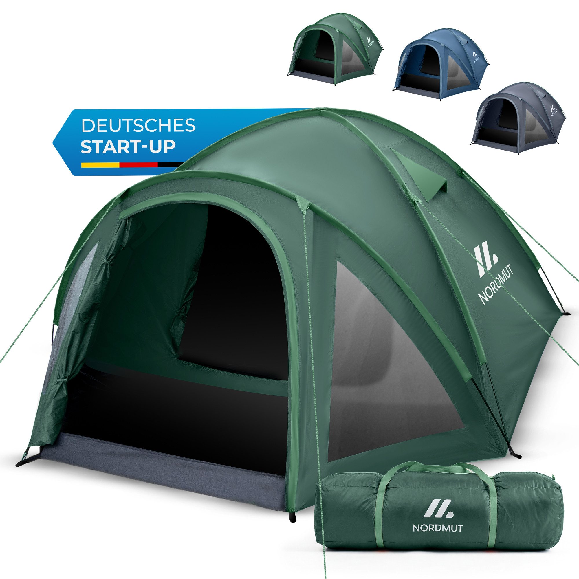 Nordmut Kuppelzelt 4 Personen 300x250 cm Vorraum wasserdicht 5000 mm, Personen: 4 (Trekkingzelt mit Fiberglas Gestänge & schnellem Aufbau, Familienzelt mit Moskitonetzen & angenehmem Raumklima), Campingzelt wasserdicht mit Vorraum & versiegelten Nähten