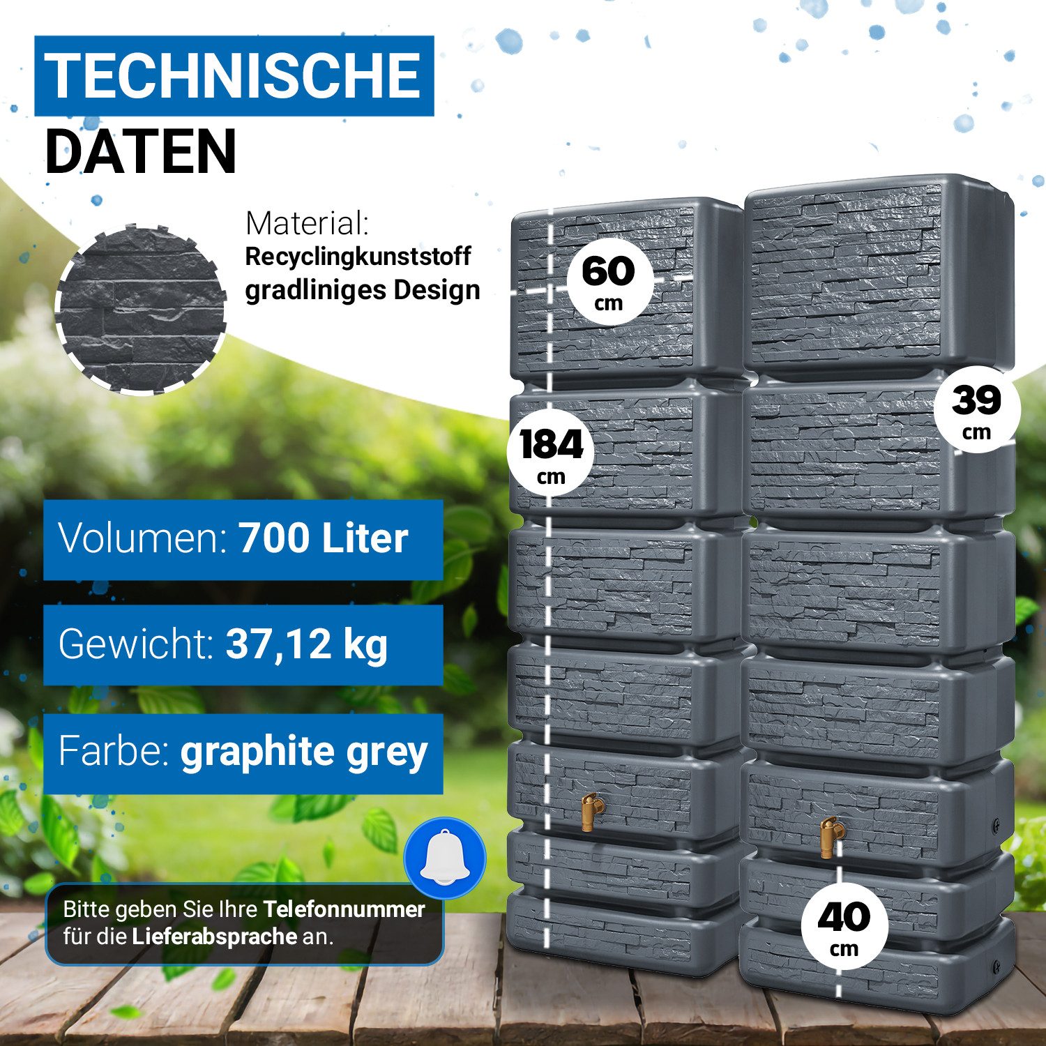 4rain Regentonne SLIM STONE DECOR Wandtank-Set 700 L graphite grey, 700 l – Bild 3 von 5