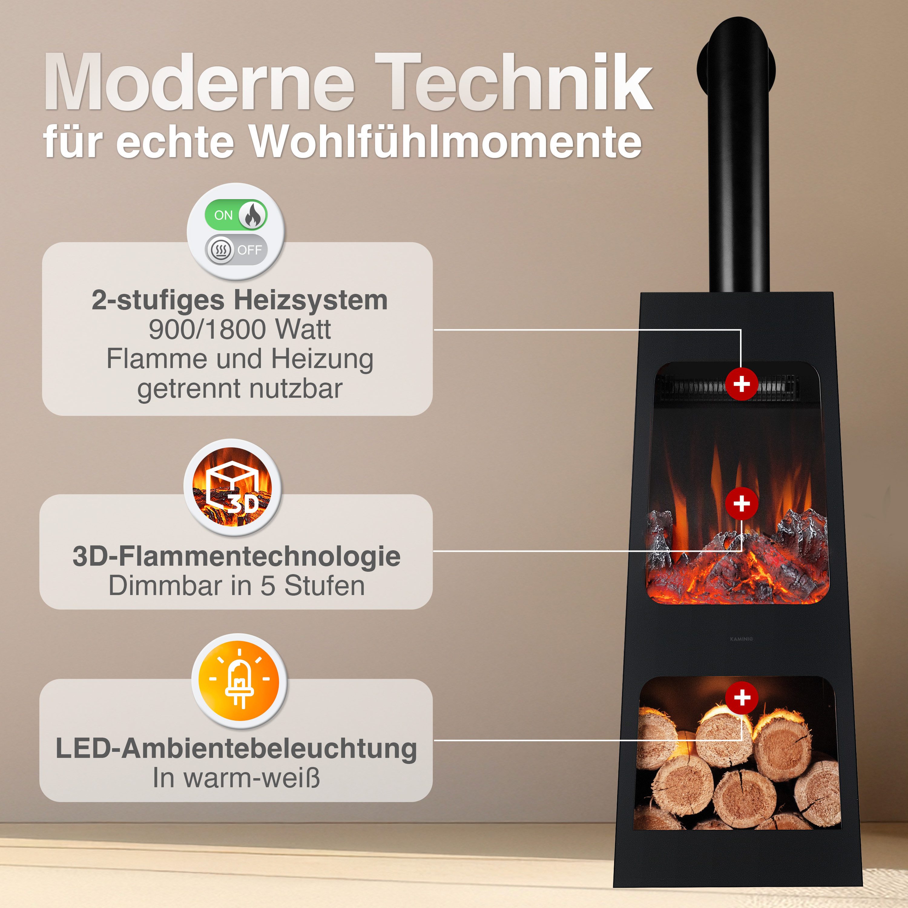 KAMINIO Gartenkamin KAI, 3D-Flammeneffekt, Intelligente 2-Stufen-Heizung