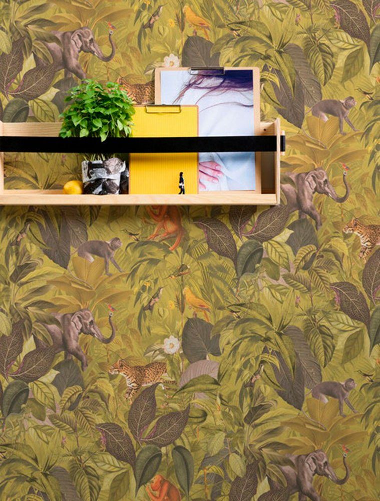 A.S. Création Vliestapete PintWalls Dschungel Tieger Blätter matt, (1 St), Affen Elefant Tieren, mit glatt, gelb/braun/grau