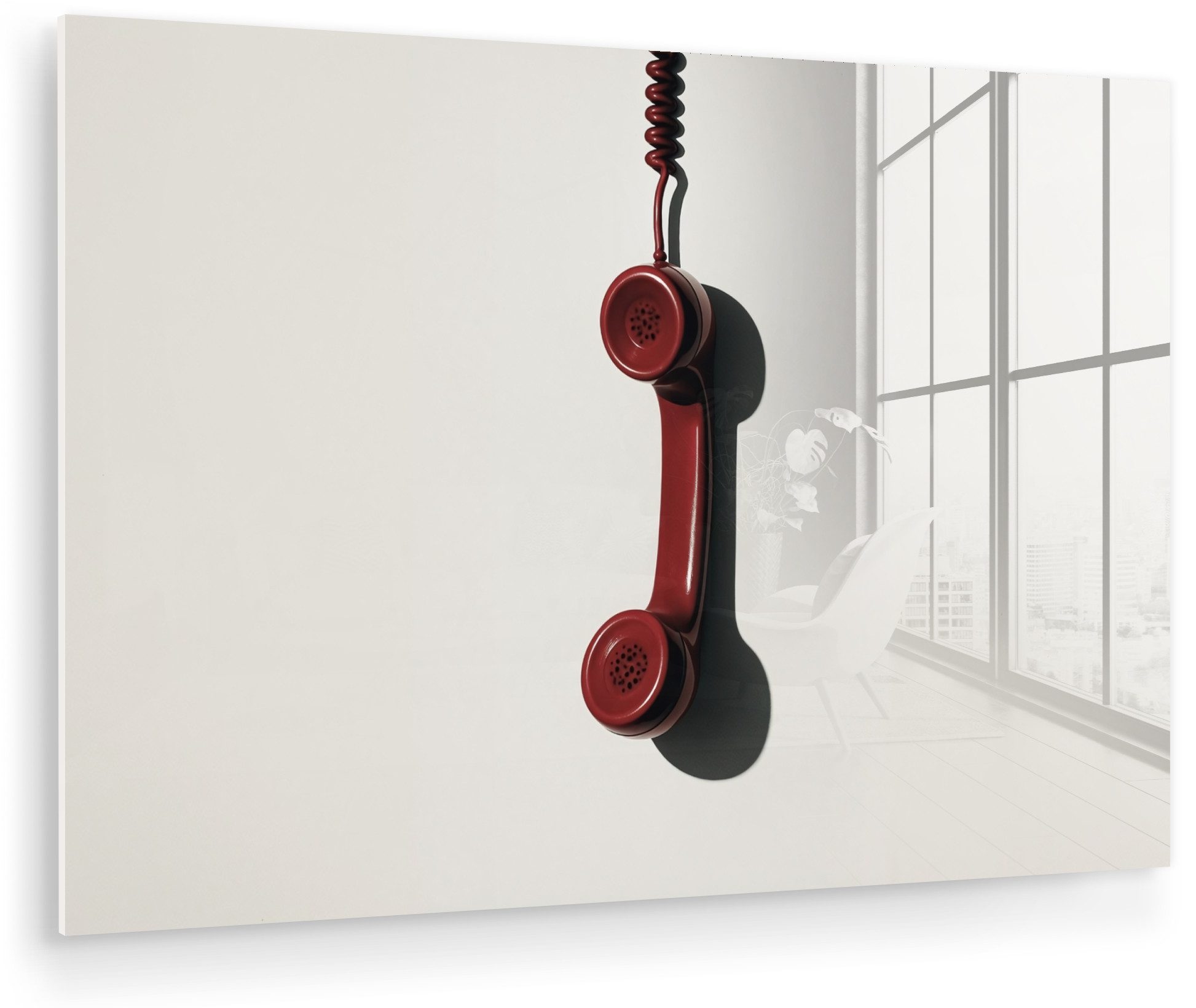 MuchoWow Acrylglasbild Telefon - Kabel - Rot - Minimalistisch, Inkl. Aufhängung, Glasbilder Wohnzimmer, Schlafzimmer, Flur & Esszimmer, 30x20 cm
