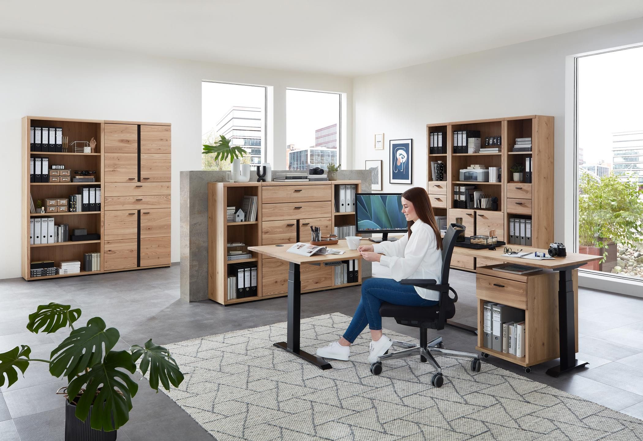 Innostyle Büromöbel-Set Komplettbüro SONOS IV 10-teilig Front Altesche Massivholz gebürstet, (Komplett-Set, 10-tlg., 3x Schrank, 5x Regal, 1x Schreibtisch, 1x Rollcontainer)