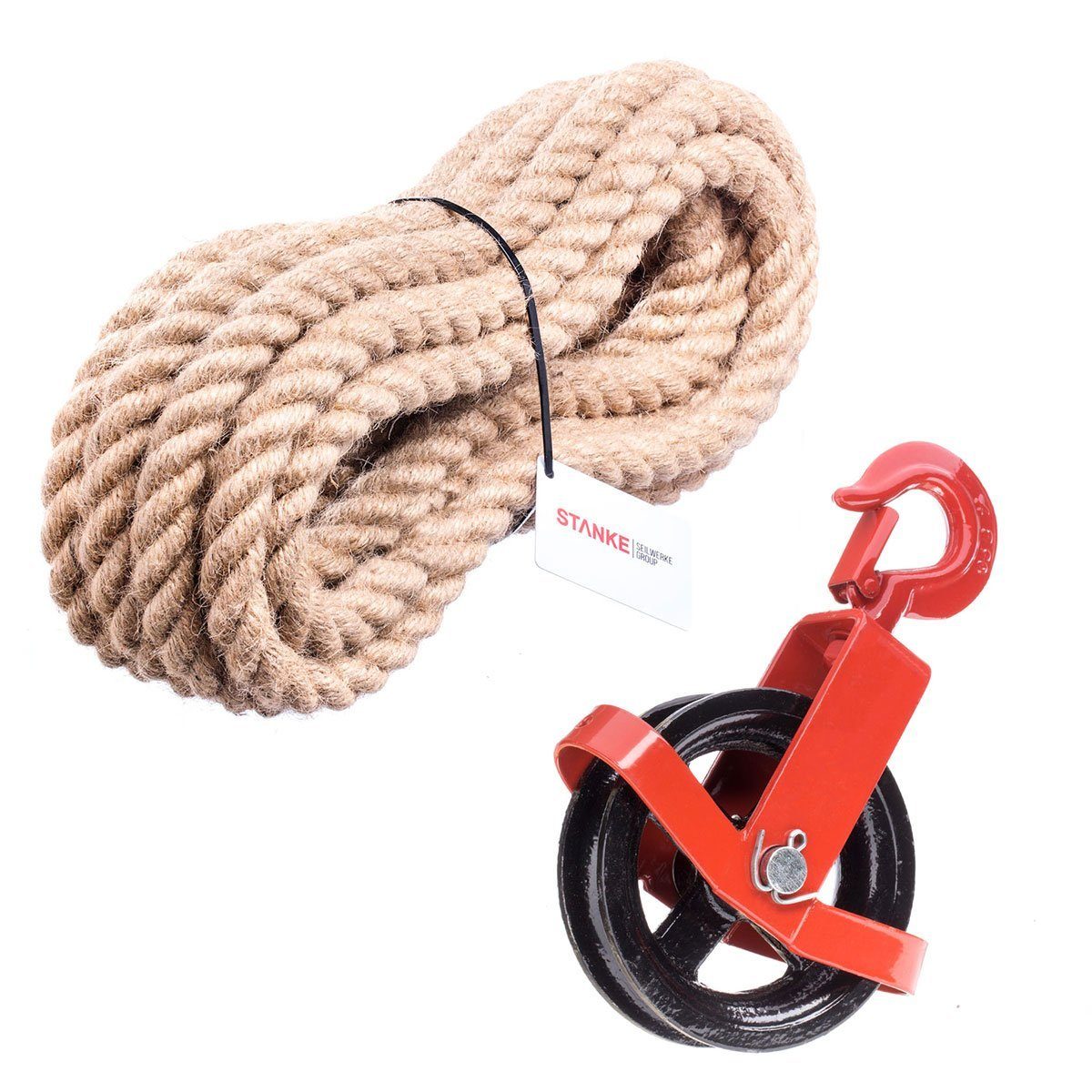 STANKE Umlenkrolle mit Haken und Juteseil, (2-teilig), Seilwinde Seilzug Seilrolle Flaschenzug Baurolle Bau Aufzug