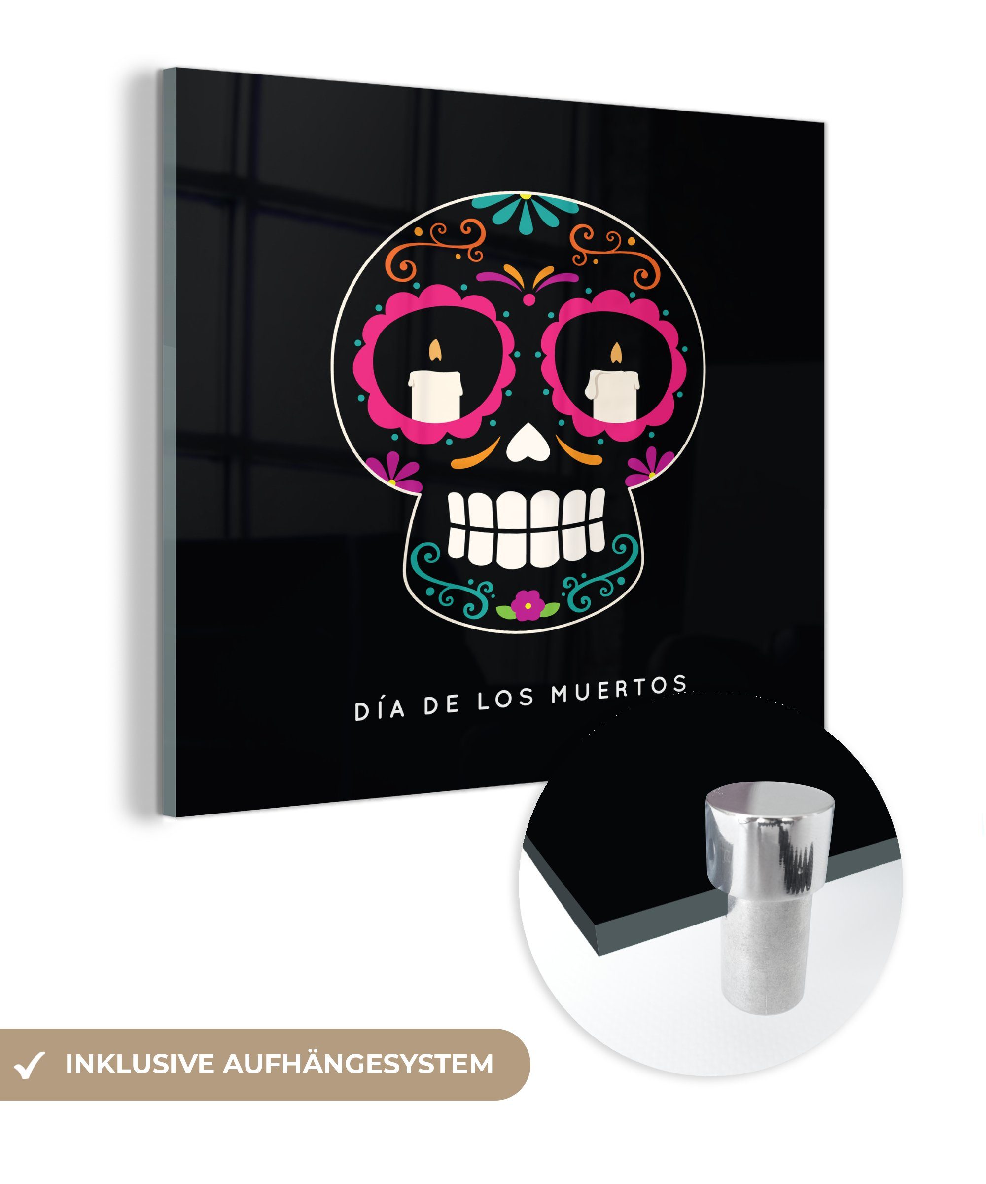 MuchoWow Acrylglasbild Bunte Illustration auf de Wandbild - Muertos, Foto Glas Glas - Wanddekoration los (1 des - Bilder Dia St), Glasbilder auf