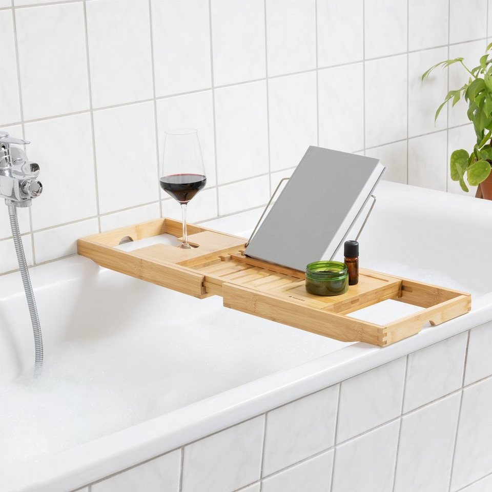 Navaris Badewannenablage Ausziehbares Bambus-Tablett für Badewanne mit  Halterungen