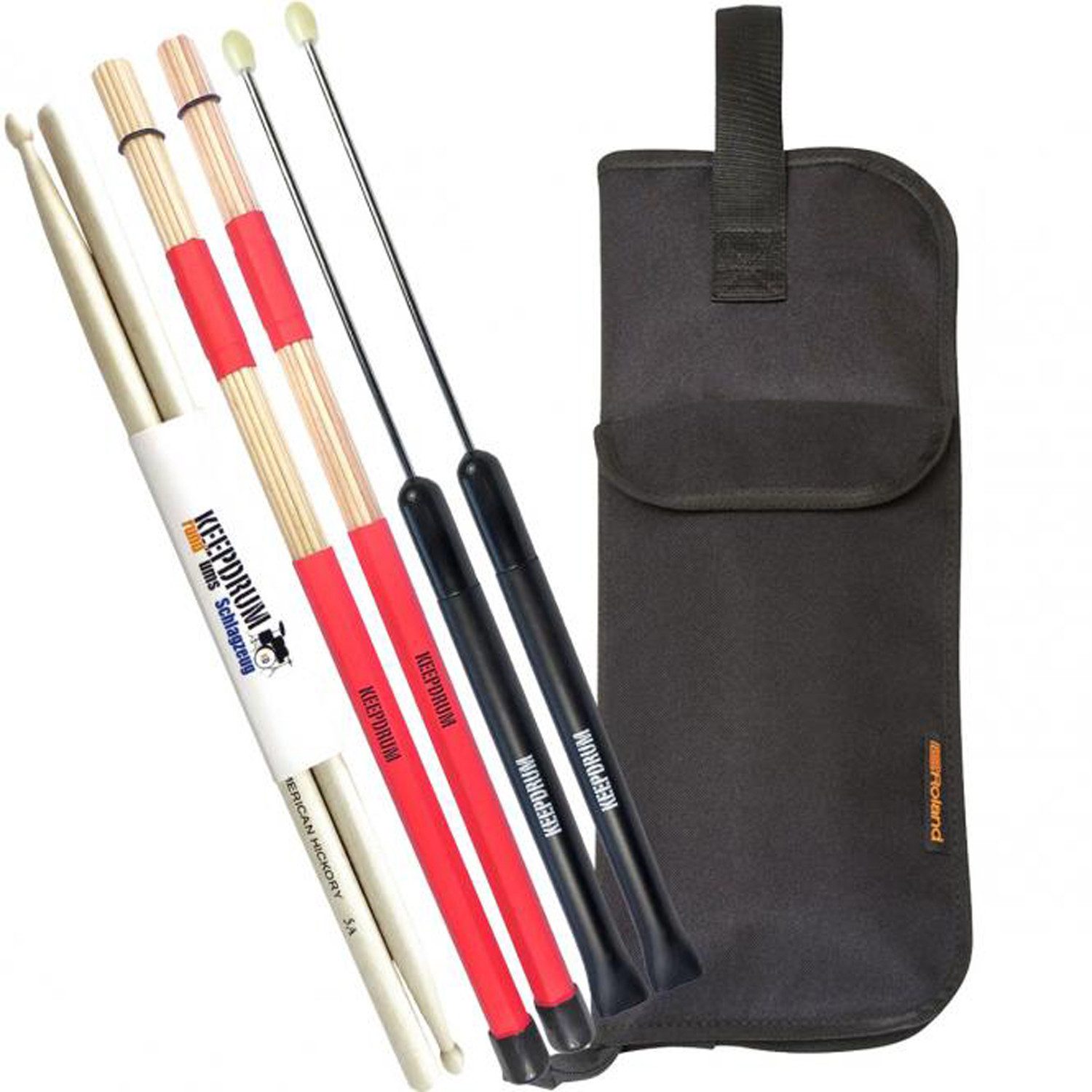 Roland Audio Schlagzeug Roland Stickbag SB-B10 mit Switchbrush, Rods, Schlagzeugstöcken,Vorteils-Set mit Rods, Drumsticks, Musiker, Vorteils-Set mit Rods, Drumsticks