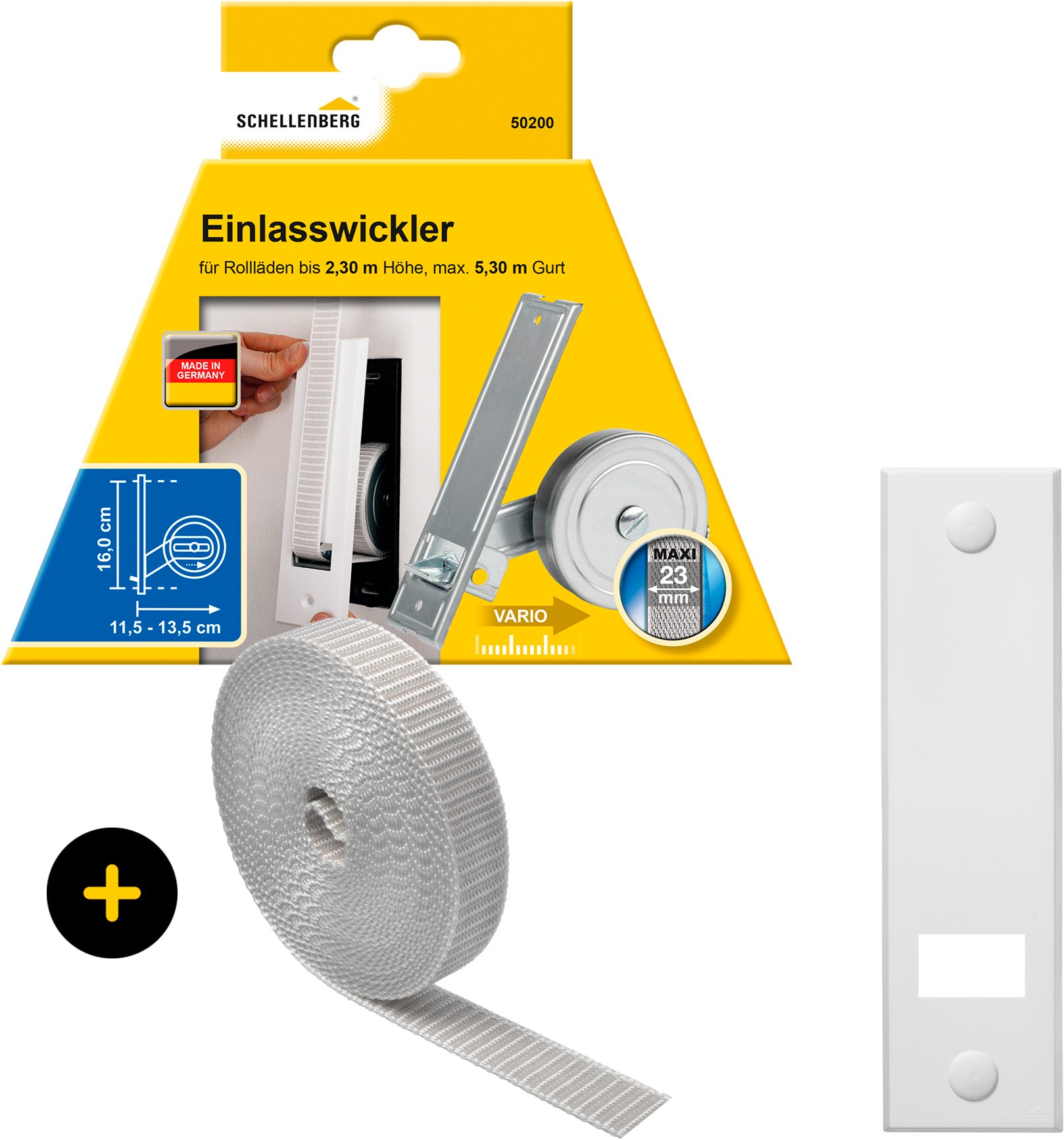 SCHELLENBERG Einlass-Gurtwickler Unterputz, inkl. Abdeckplatte weiß und Rollladengurt in grau oder weiß, Set, 1-tlg., 16 cm Lochabstand für das Rollladensystem Maxi