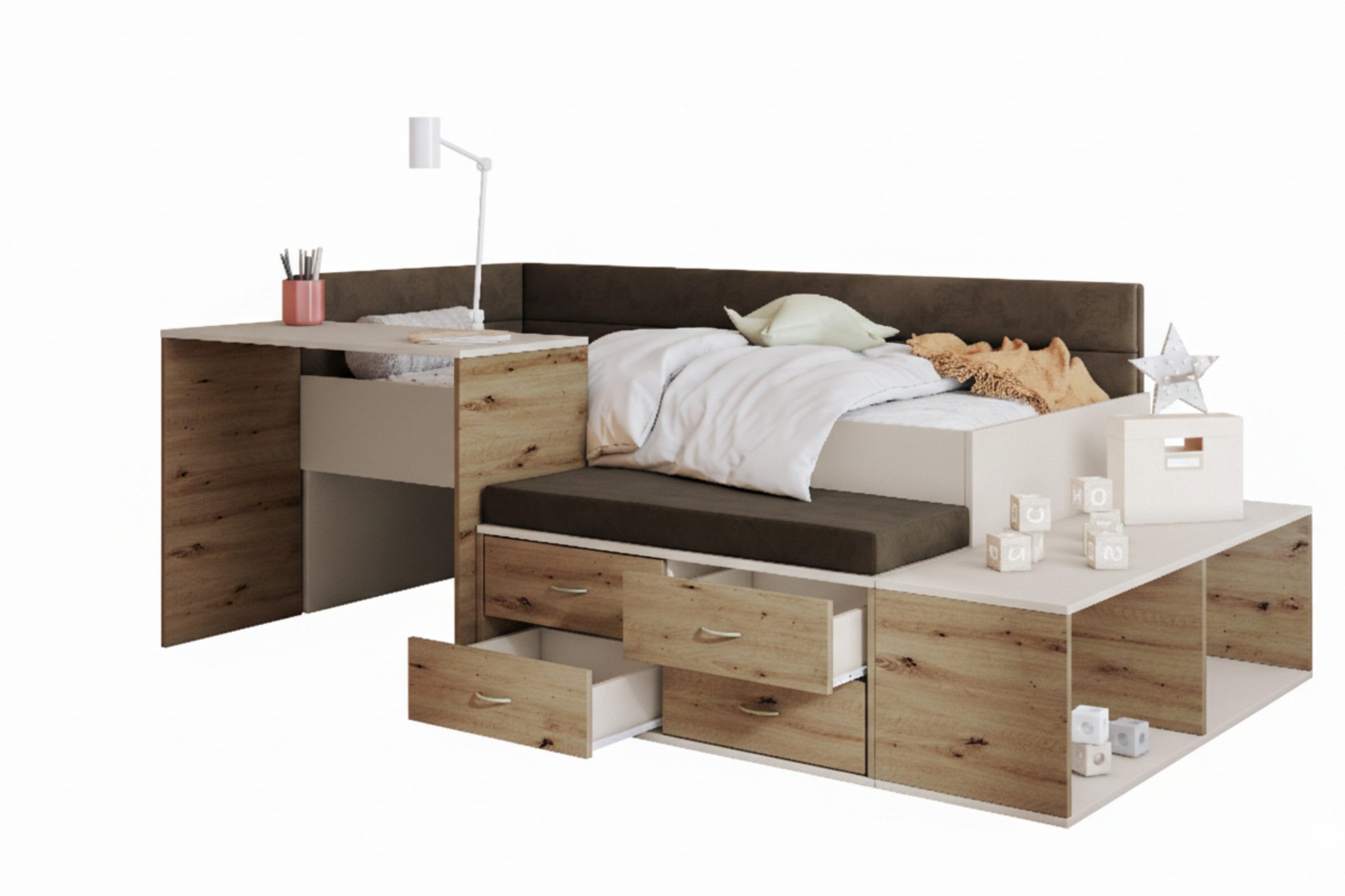 Deine Möbel 24 Jugendbett AMI Multifunktionsbett Kinderbett in 90x200 (Set, 1-tlg., Platzsparendes Design in Weiß oder Kaschmir mit Eiche-Dekoration), Integrierter Schreibtisch & geräumige Schubladen