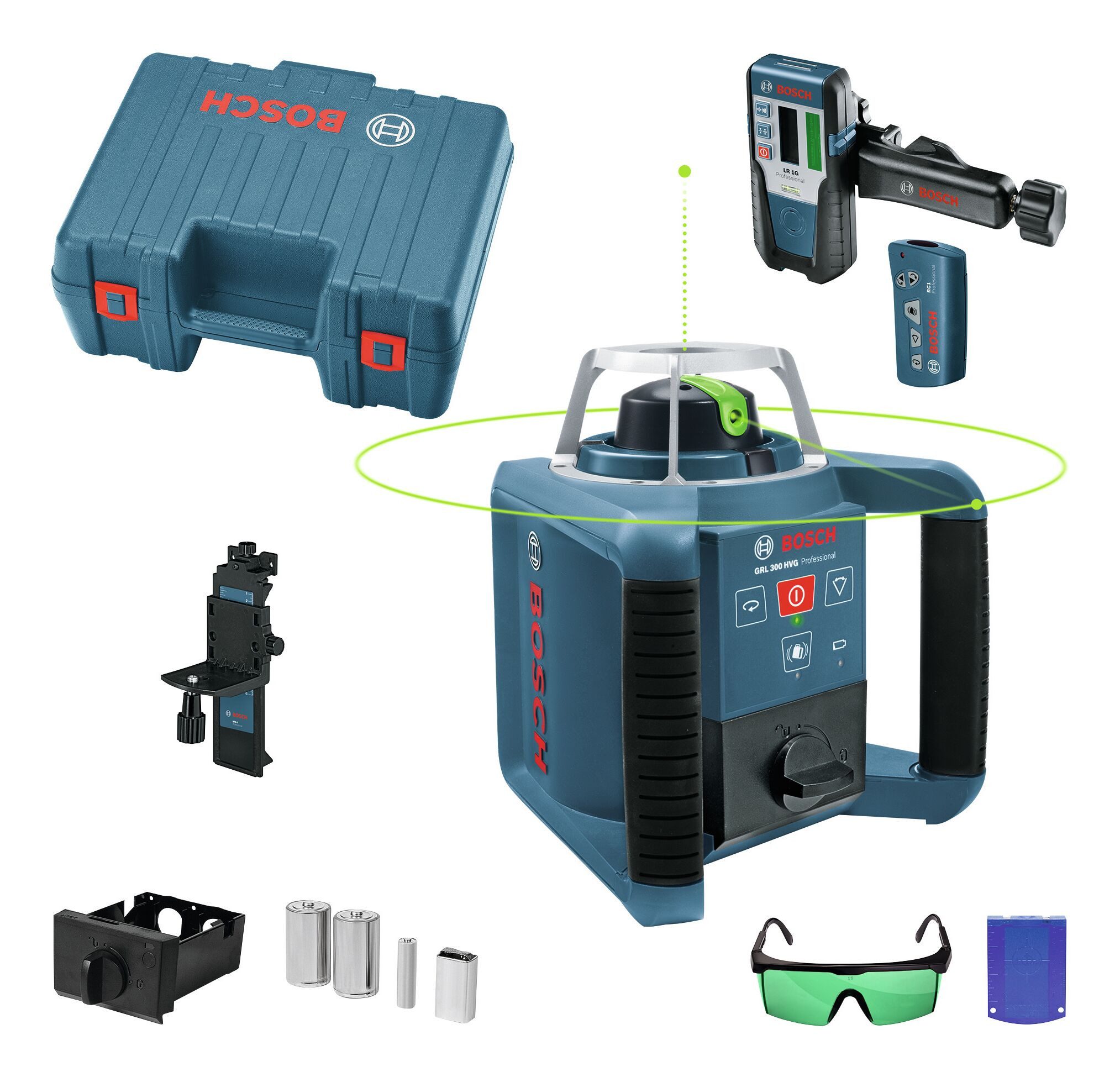 BOSCH Punkt- und Linienlaser GRL 300 HVG, Mit 4x Batterien, Laser-Empfänger LR 1G & Fernbedienung RC1 - im