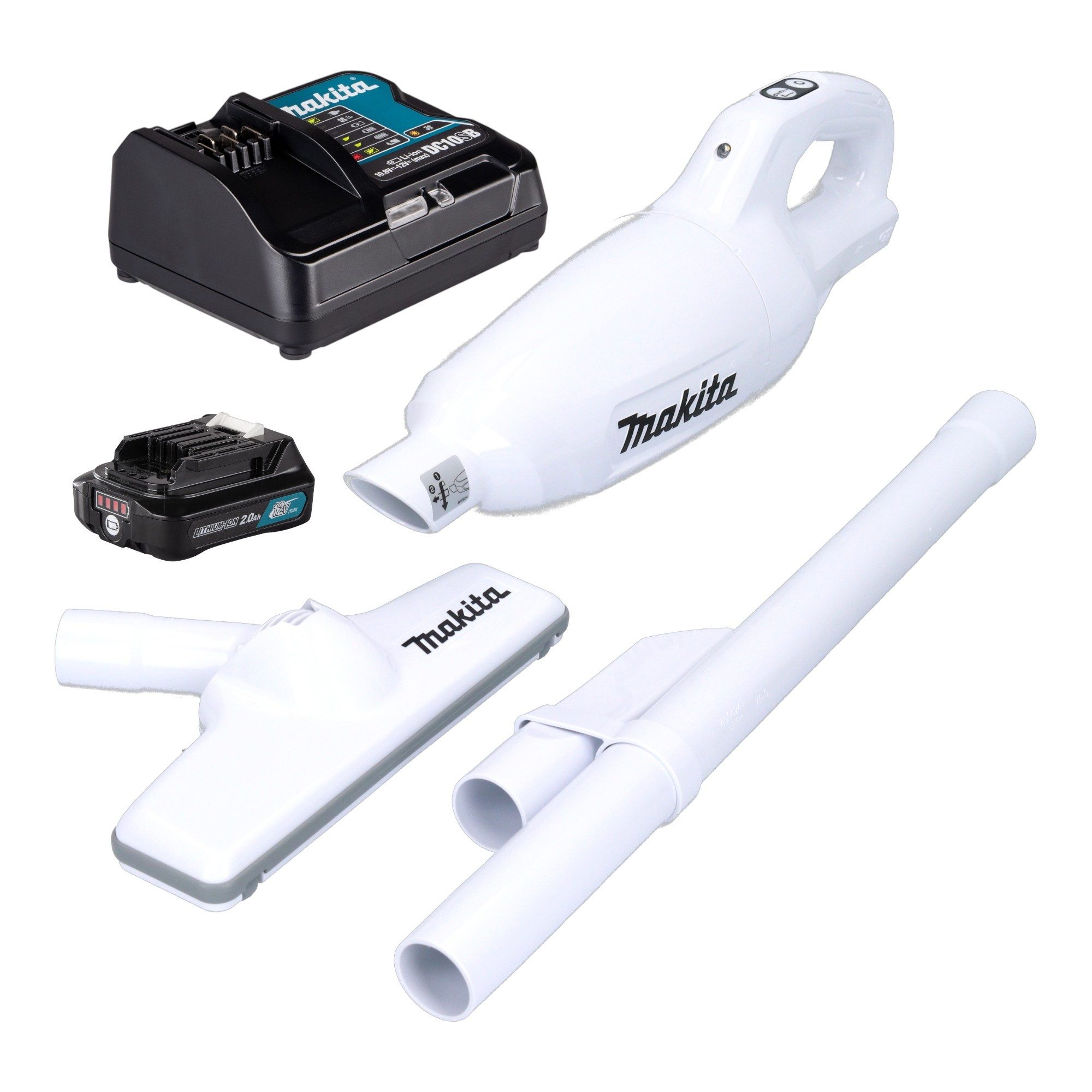 Makita Akku-Handstaubsauger CL 108 FDSAW Akku Staubsauger 12 V 0,6 L weiß + 1x Akku 2,0 Ah + Lade