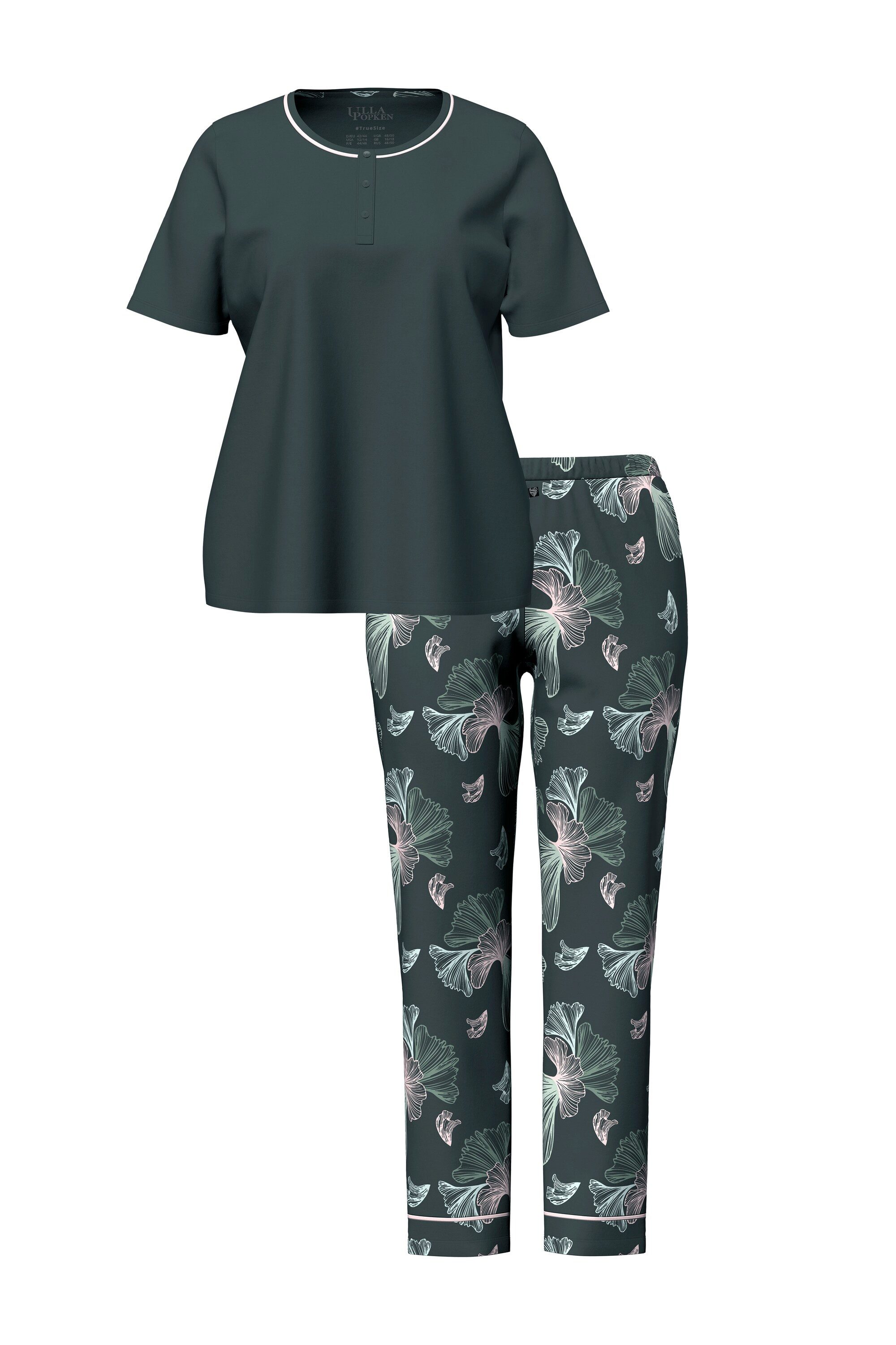 Ulla Popken Pyjama Pyjama Ginkgomuster Rundhals Halbarm