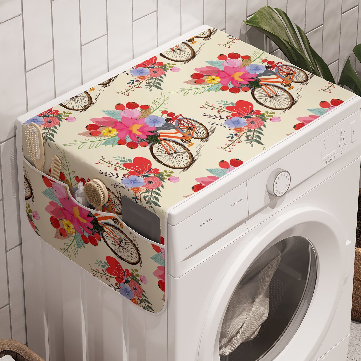 Abakuhaus Badorganizer Anti-Rutsch-Stoffabdeckung für Waschmaschine und Trockner, Frühling Blumen und Fahrrad-Muster
