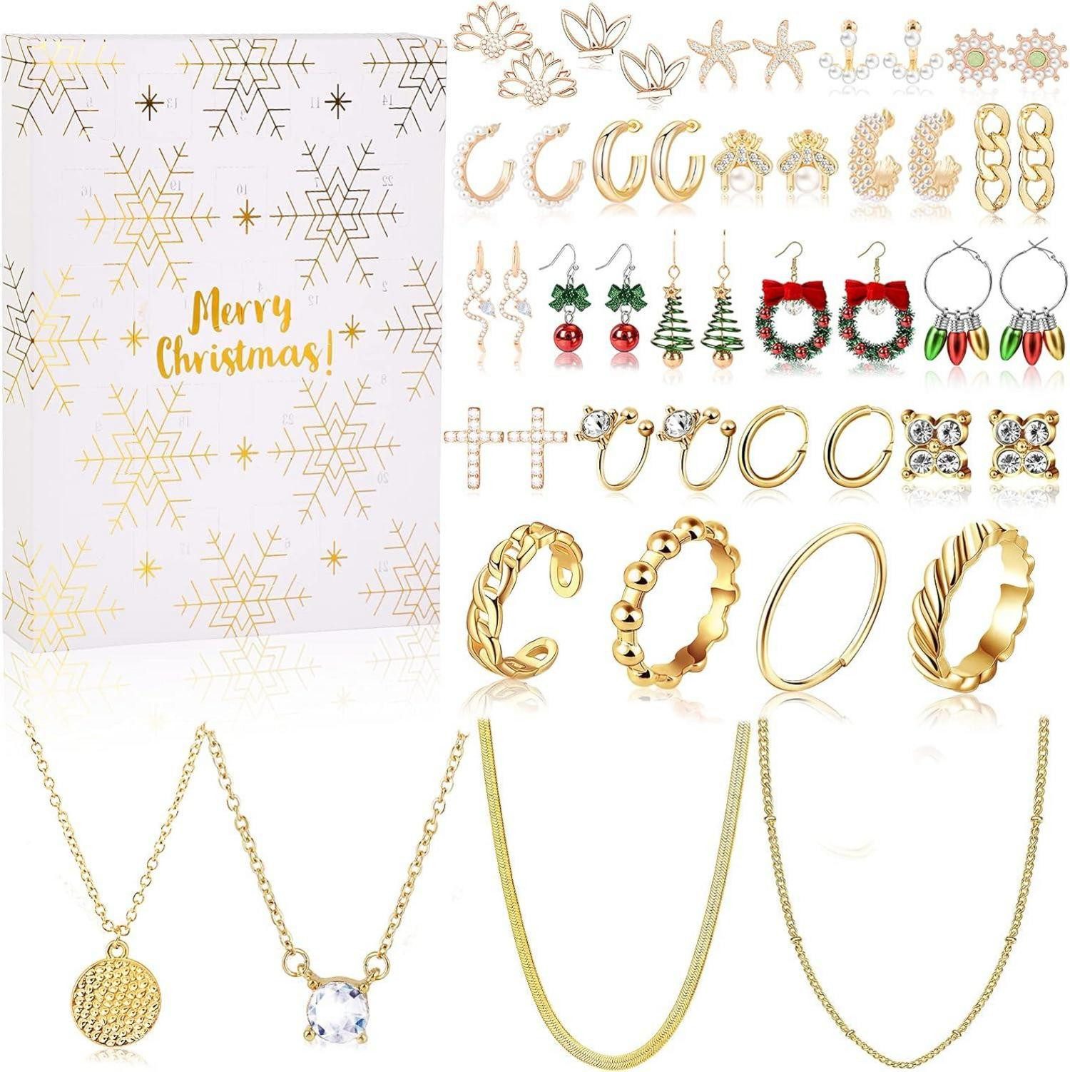 Schmuck-Adventskalender Schneeflocke Schmuck Adventskalender 2024 für Frauen Weihnachten 24
