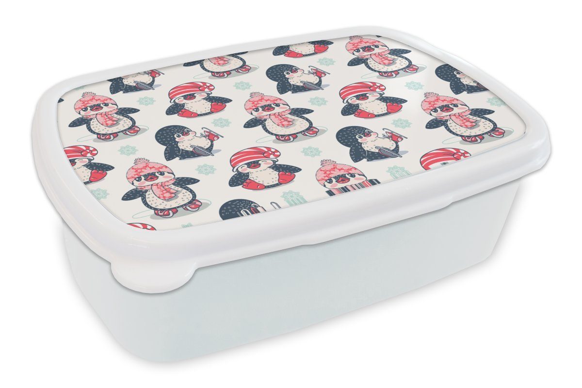 MuchoWow Lunchbox Schlittschuhe - Schnittmuster - Pinguin, Kunststoff, (2-tlg), Brotbox für Kinder und Erwachsene, Brotdose, für Jungs und Mädchen weiß