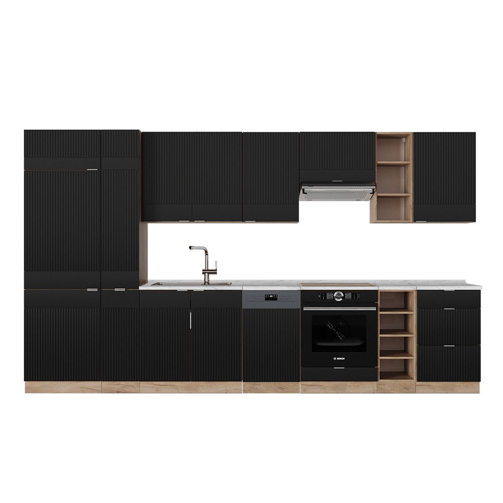 Vicco Küchenzeile Fame-Line, Schwarz gestreift/Goldkraft Eiche/Goldkraft Eiche, 355 c...
