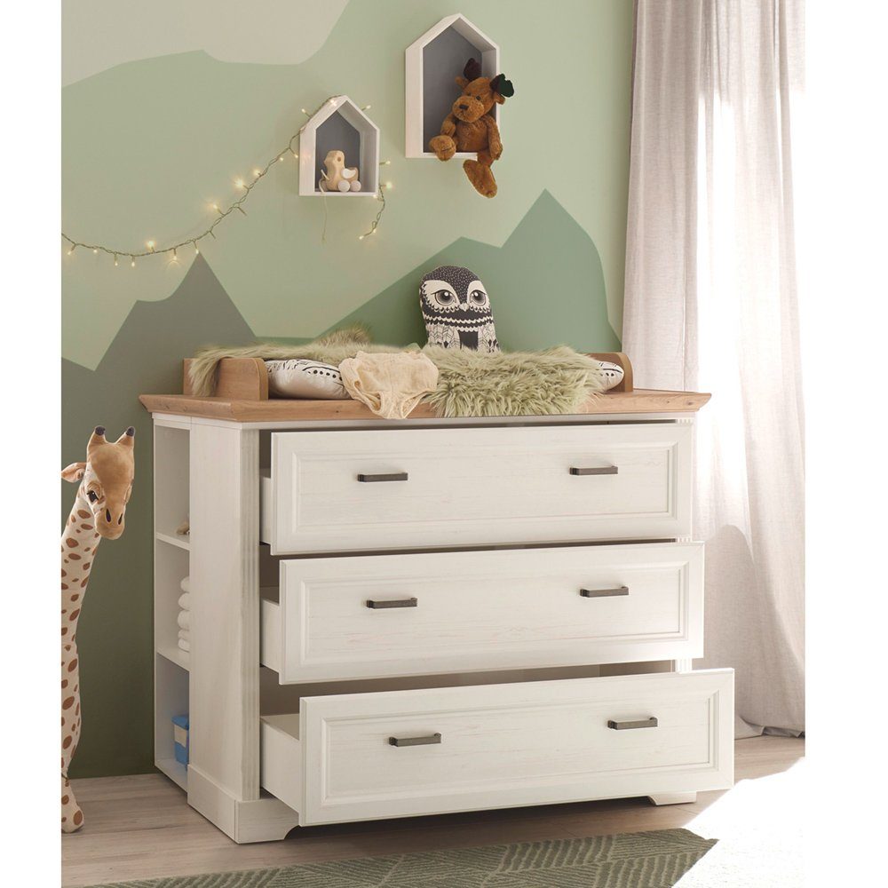 Lomadox Babyzimmer-Komplettset JASPER-78, (2-tlg), Anderson Pine Nb. weiß, Eiche Nb.,Babygitterbett, Wickelkommode