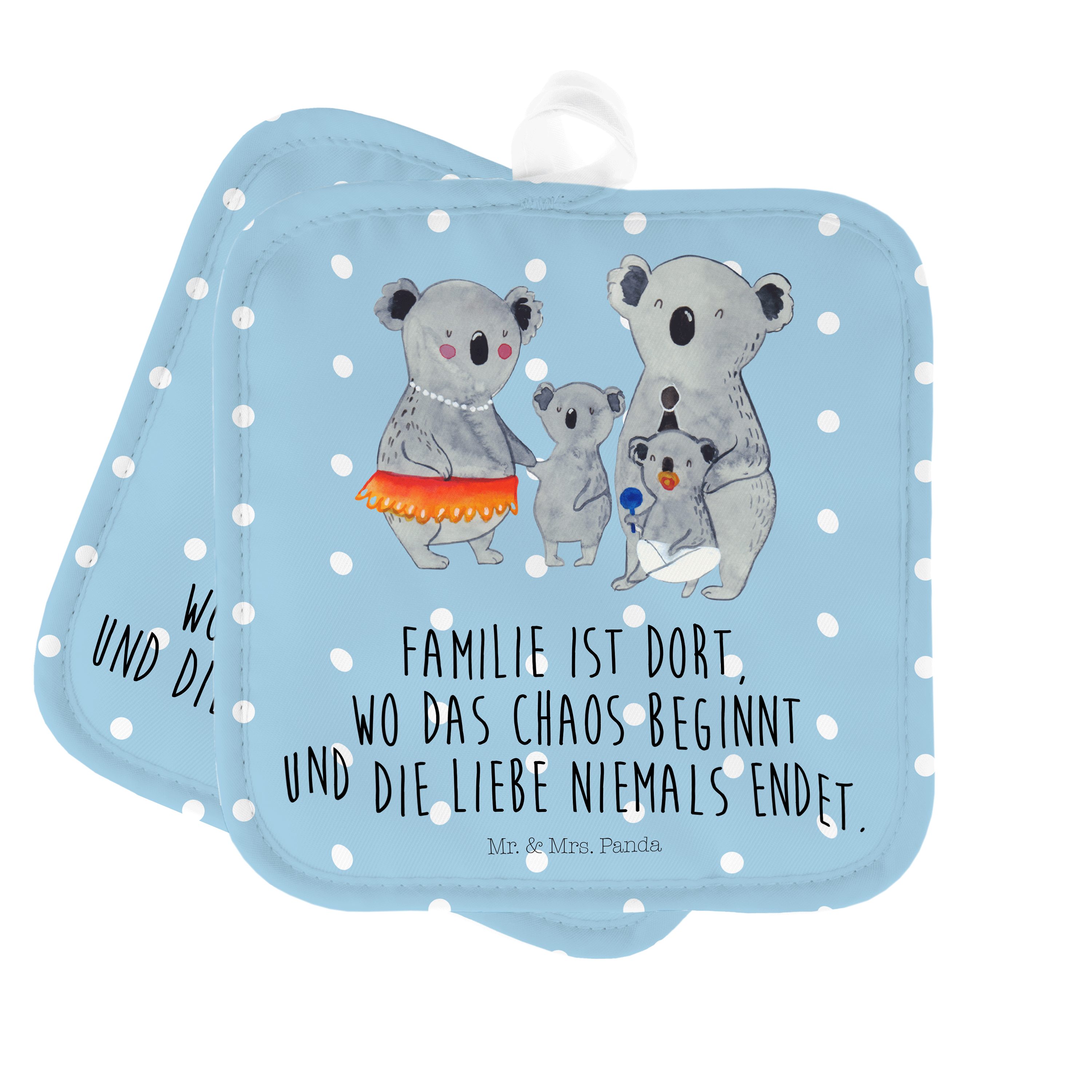 Mr. & Mrs. Panda Topflappen Koala Familie - Blau Pastell - Geschenk, Kinder, Topflappen mit Spruc, (1-tlg)