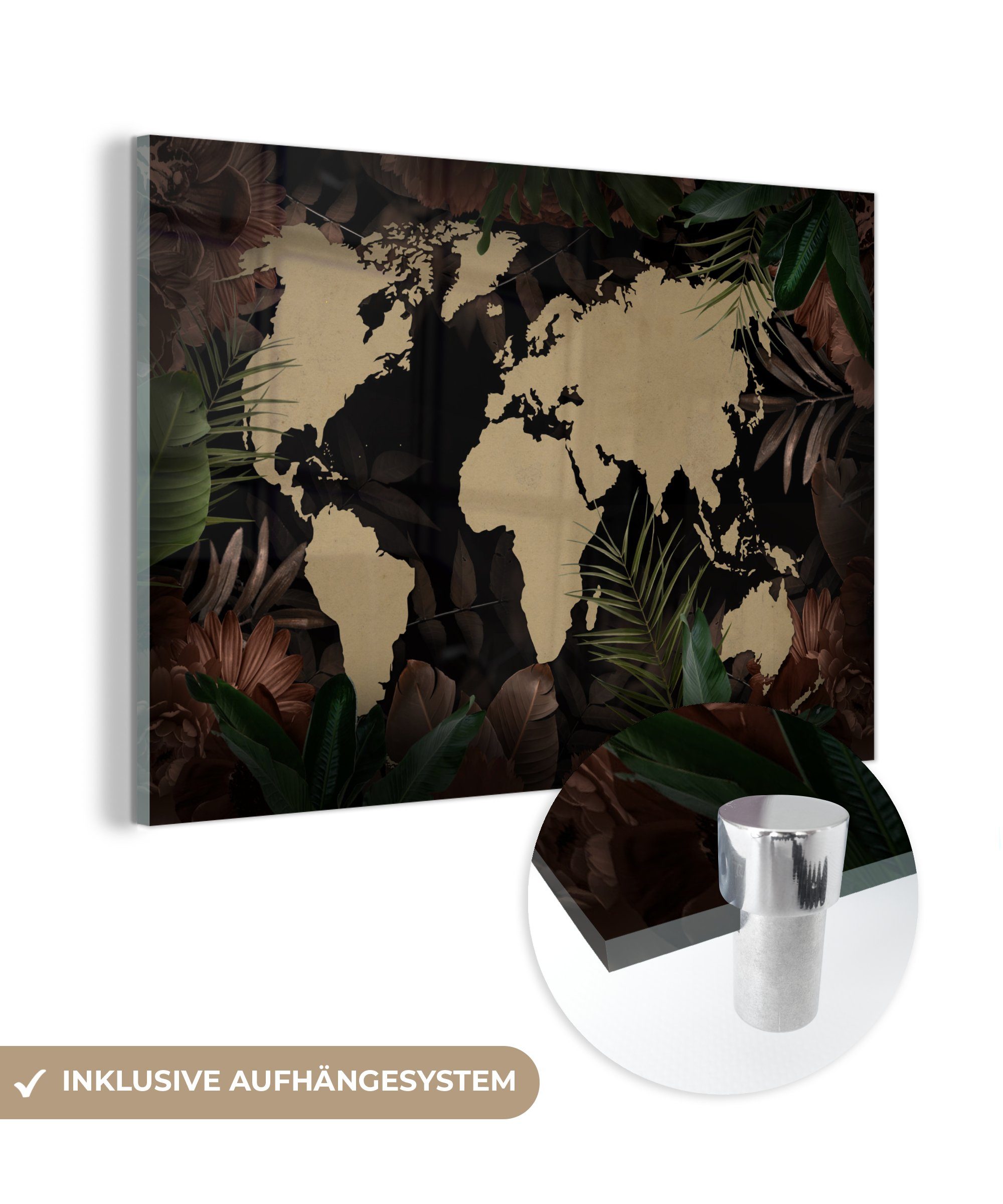 MuchoWow Acrylglasbild Weltkarte - Schwarz - Tropische Pflanzen, (1 St), Glasbilder - Bilder auf Glas Wandbild - Foto auf Glas - Wanddekoration