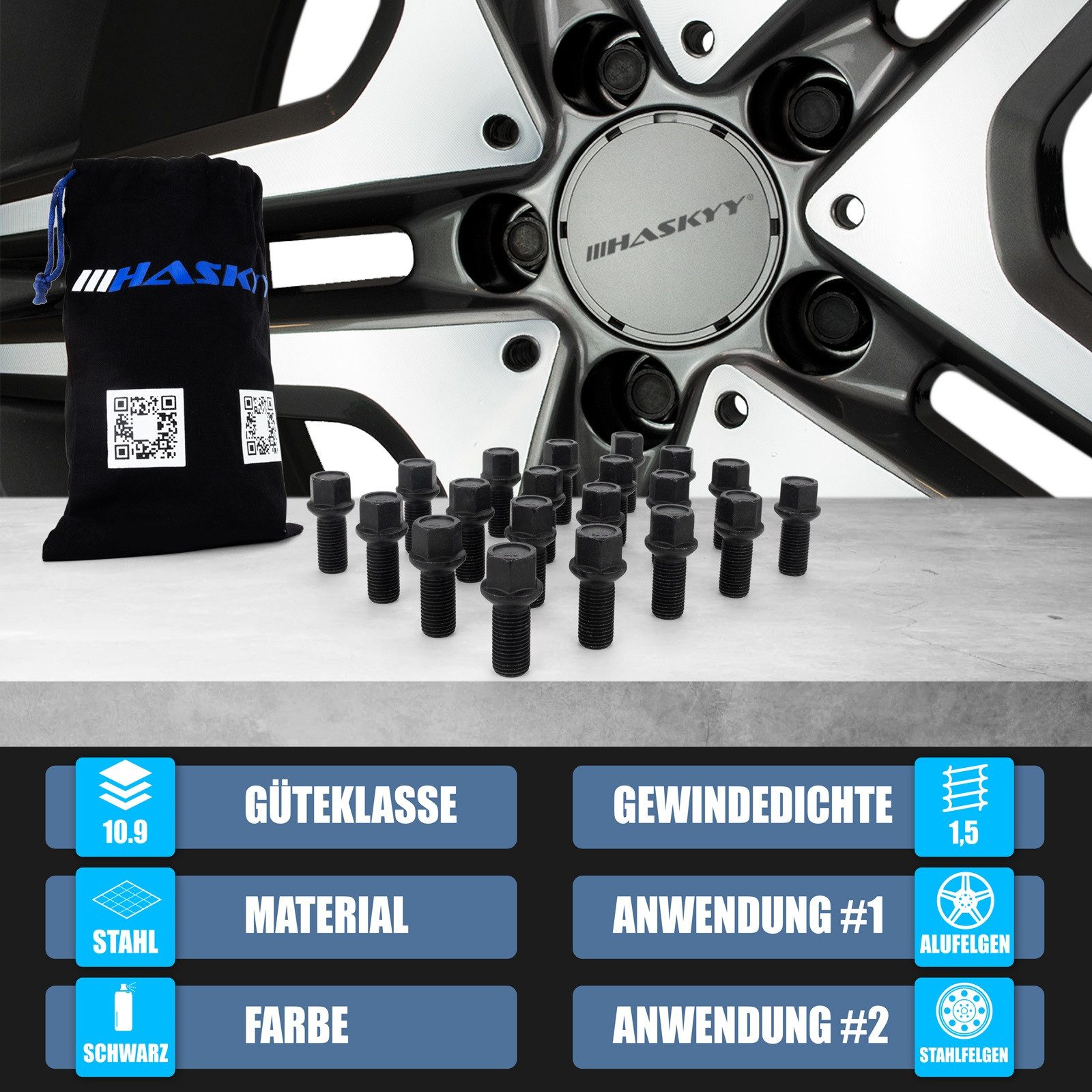 HASKYY Schrauben-Set 20x Radschrauben Schwarz M14x1,5x27 mm Kugel R13 SW17 inkl. Beutel