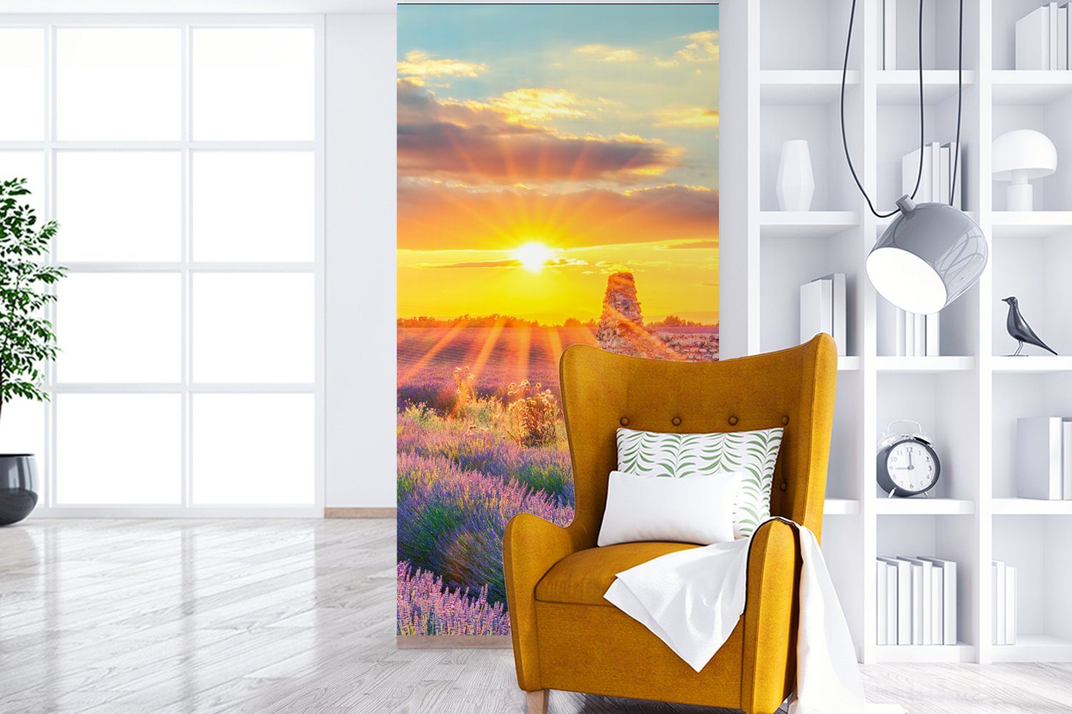 Sonnenuntergang Wohnzimmer MuchoWow - - bedruckt, (2 Schlafzimmer Küche, Fototapete Vliestapete für Matt, Lavendel Lila, St), - Fototapete Ruine