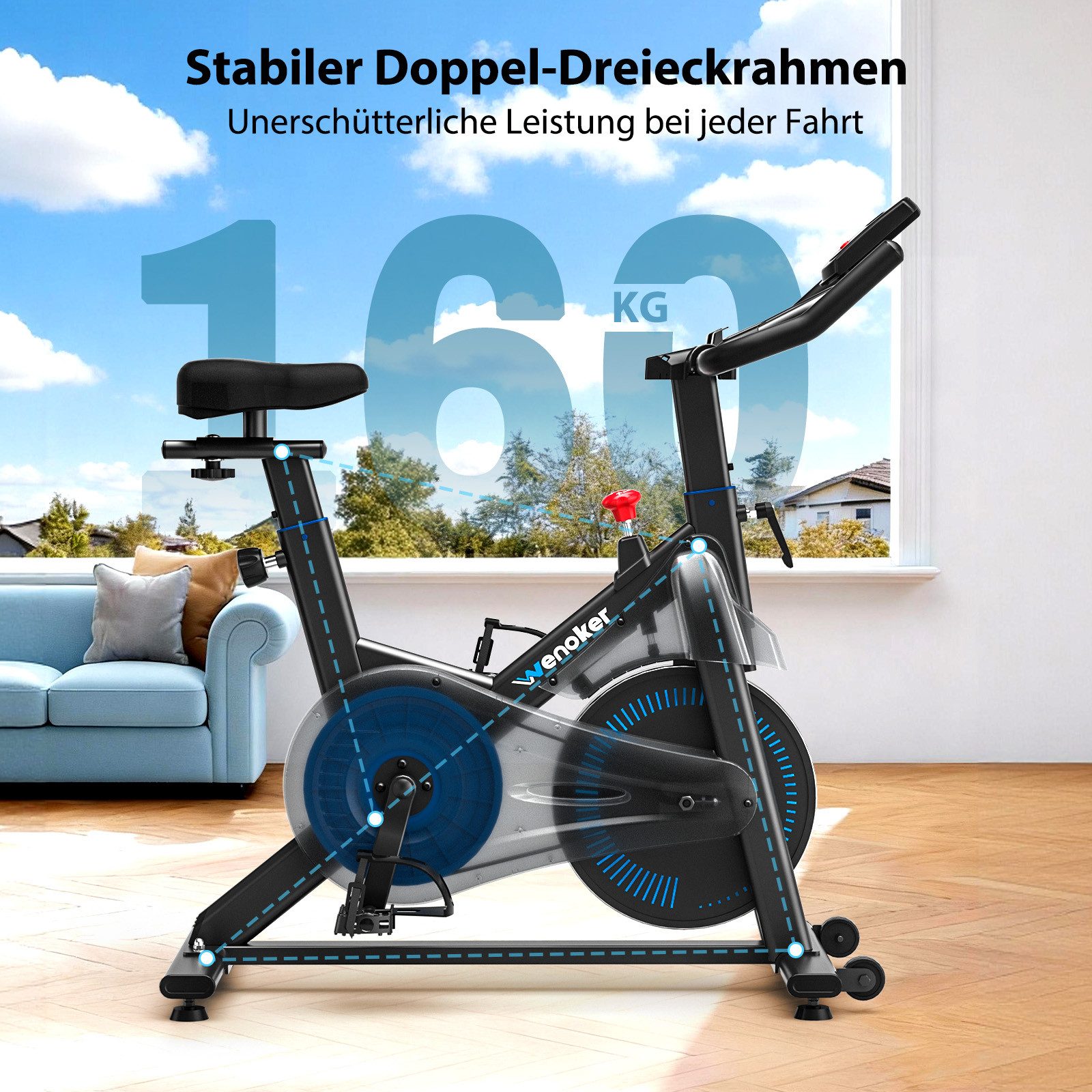 Wenoker Heimtrainer Fahrrad mit Verstellbarem Magnetwiderstand, Leises Fitnessbike (1-tlg), Hometrainer Fahrrad mit APP, LCD-Monitor, Tablet-Halter – Bild 3 von 5