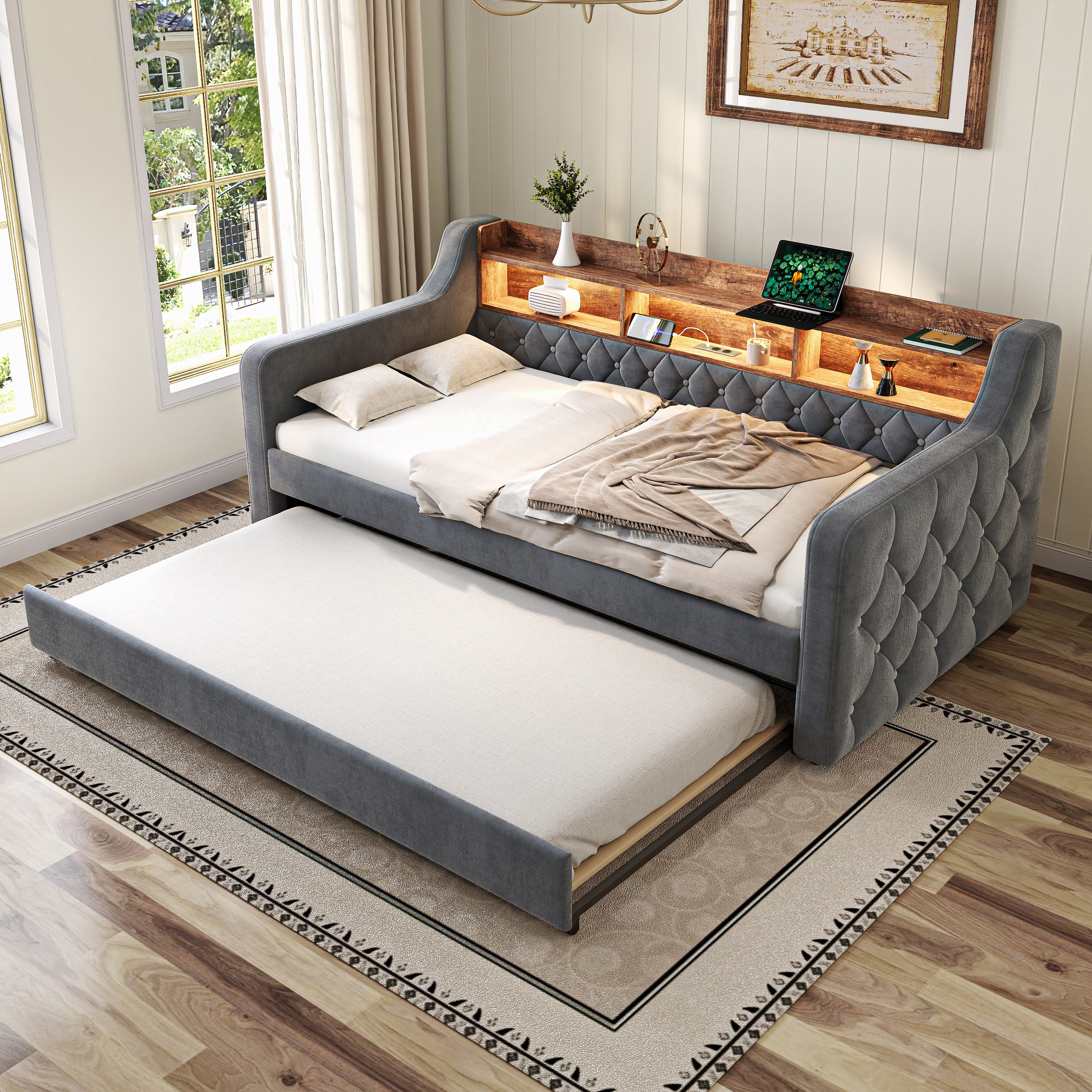 Celya Polsterbett Schlafsofa aus Samt mit Stauraum (ohne Matratze mit LED-Ambiente und USB-C-Anschluss), Ideal für Schlafzimmer, Gästezimmer oder Jugendzim