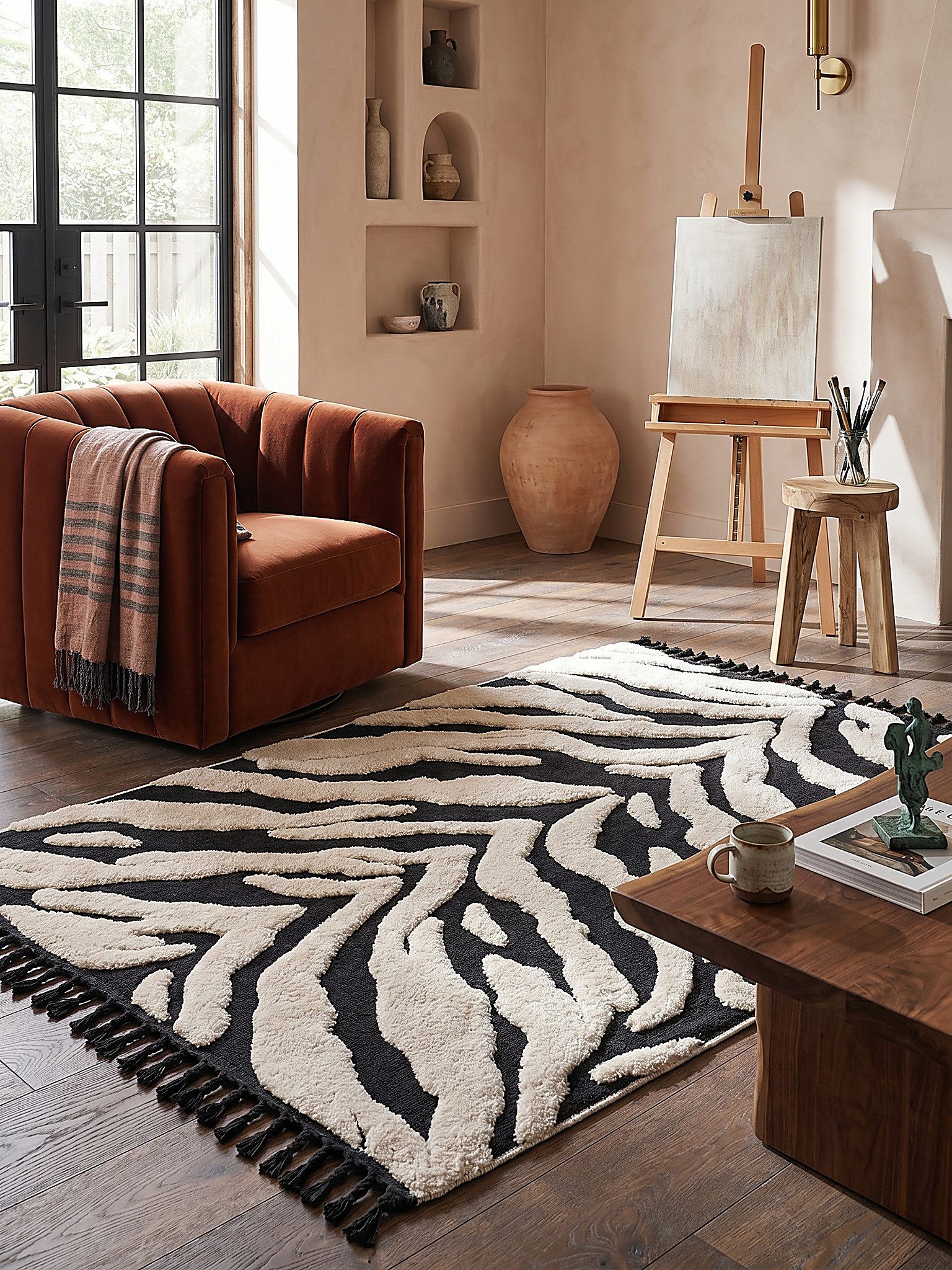 KADIMA DESIGN Teppich MARA Teppich Schlafzimmer flauschig Tiermotiv Zebra 200x300 Monochrom, Rechteckig, Höhe: 24 mm, 100 % Polyester, fußwarm, Wohnzimmer, Boho, farbecht, kuschelig