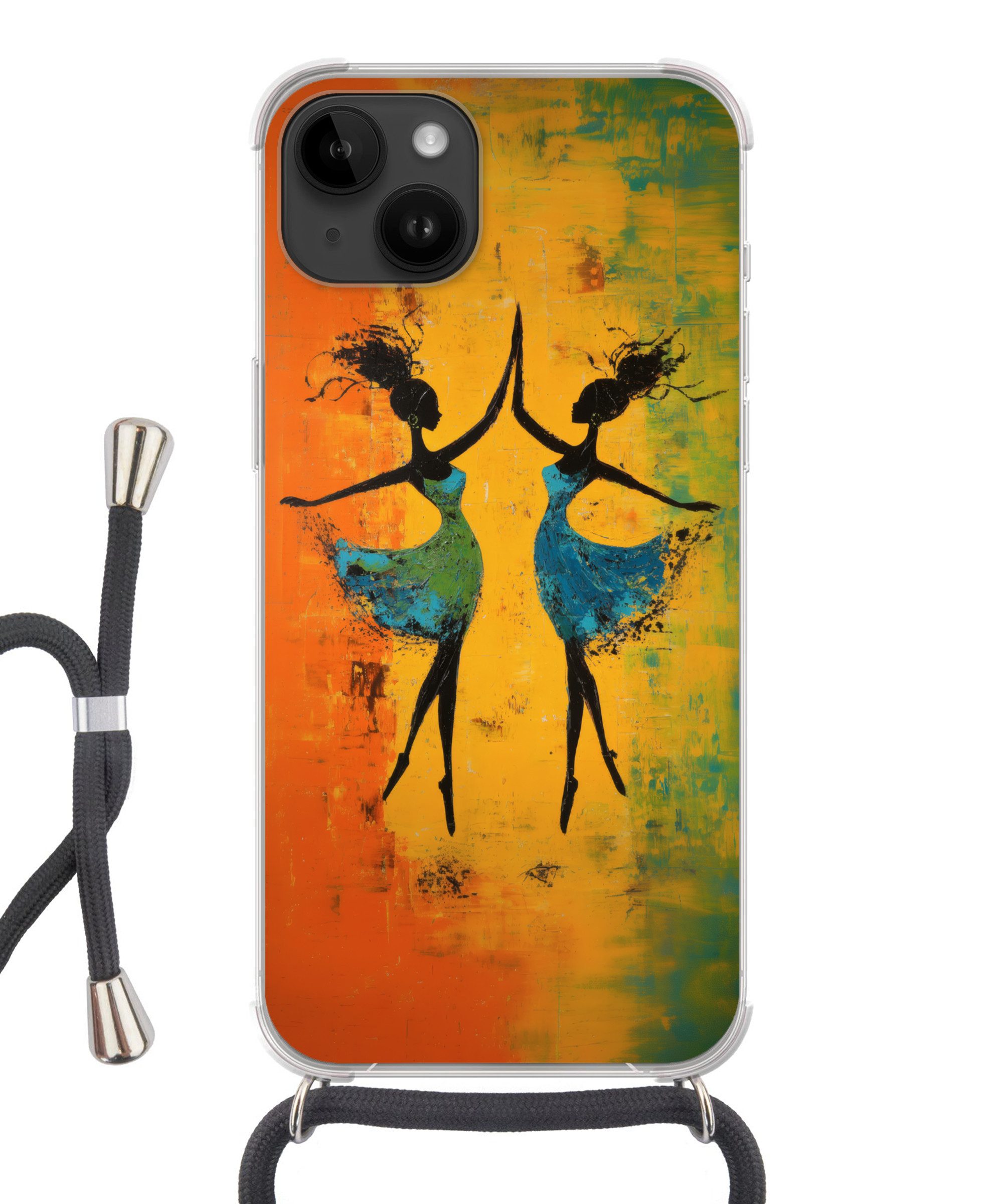MuchoWow Handyhülle für Apple iPhone 14 Tanzen - Frauen - Farbtextur, Tragbare Handyhüllen mit Kette zum umhängen, Handykette Handyband