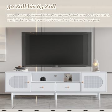 Gotagee TV-Schrank TV-Schrank Eleganter 180cm TV-Ständer weiß Rattan TV Lowboard 2 Türen für 80-Zoll-Fernseher - Kabelführung, 2 Türen, 2 Schubladen