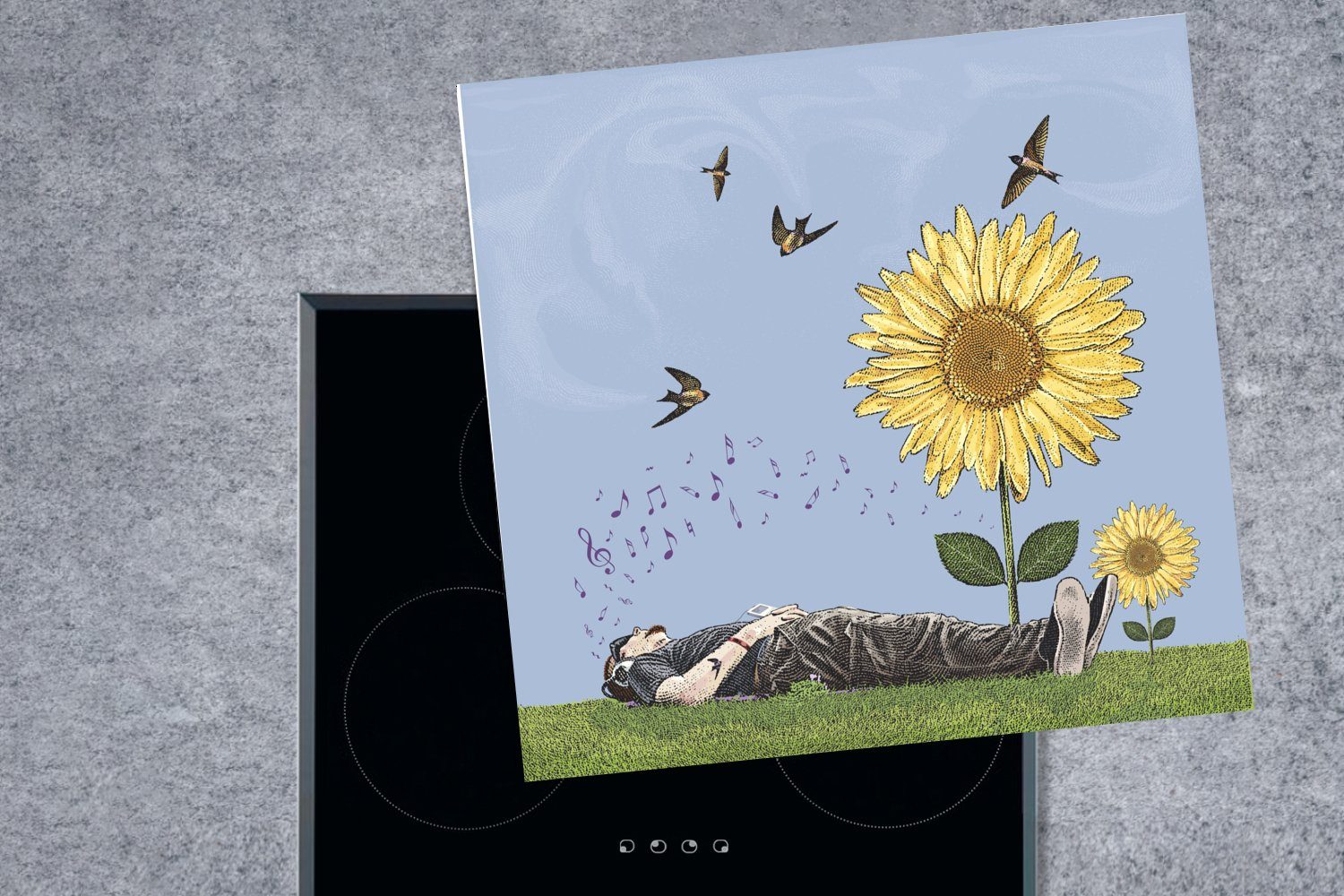 Vögel, MuchoWow - für Sonnenblume Ceranfeldabdeckung, (1 Vinyl, 78x78 - Illustration küche Arbeitsplatte cm, Herdblende-/Abdeckplatte tlg),