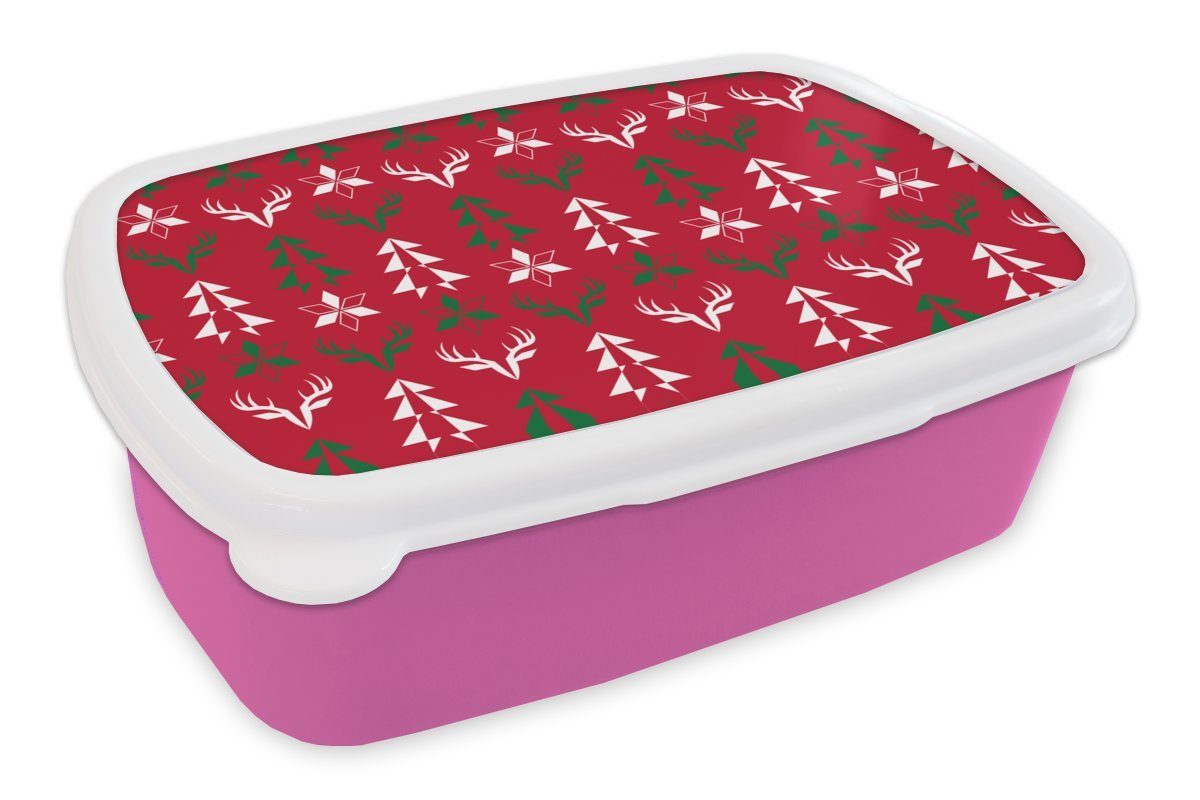 MuchoWow Lunchbox Hirsche - Muster - Weihnachten, Kunststoff, (2-tlg), Brotbox für Erwachsene, Brotdose Kinder, Snackbox, Mädchen, Kunststoff rosa
