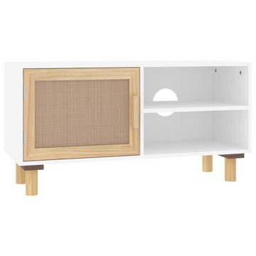 furnicato TV-Schrank Weiß 80x30x40 cm Massivholz Kiefer und Natur-Rattan