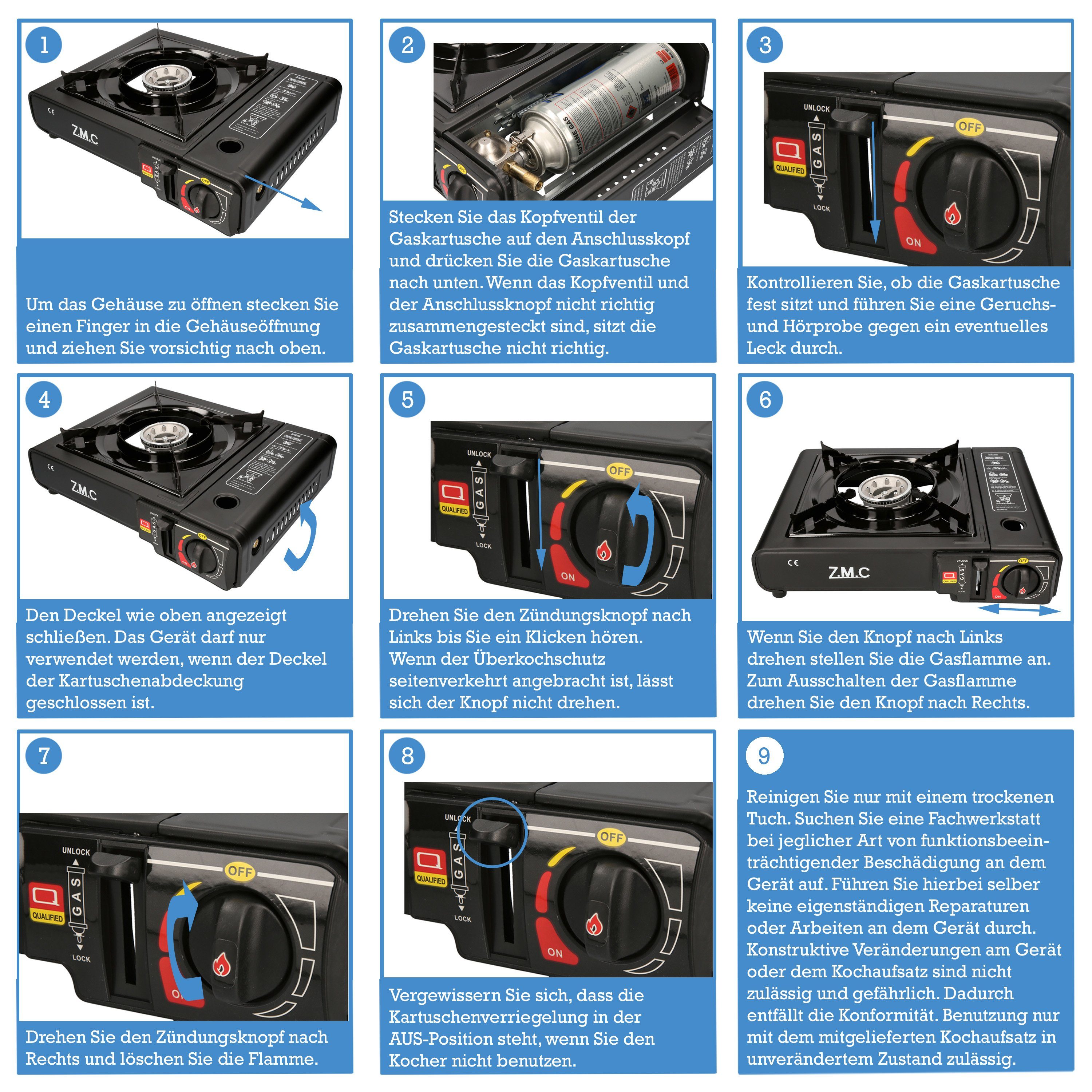 ZMC Gaskocher Gaskocher 1-flammig + Gaskocher für Aufbewahrungskoffer Piezozündung), 20x Gaskartuschen mit Camping kW Kartusche, Kochfeld mit + Gaskochfeld Campinggaskocher 227g, Innenraum/Outdoor, (Butangas Herd 2,2 für Campingkocher