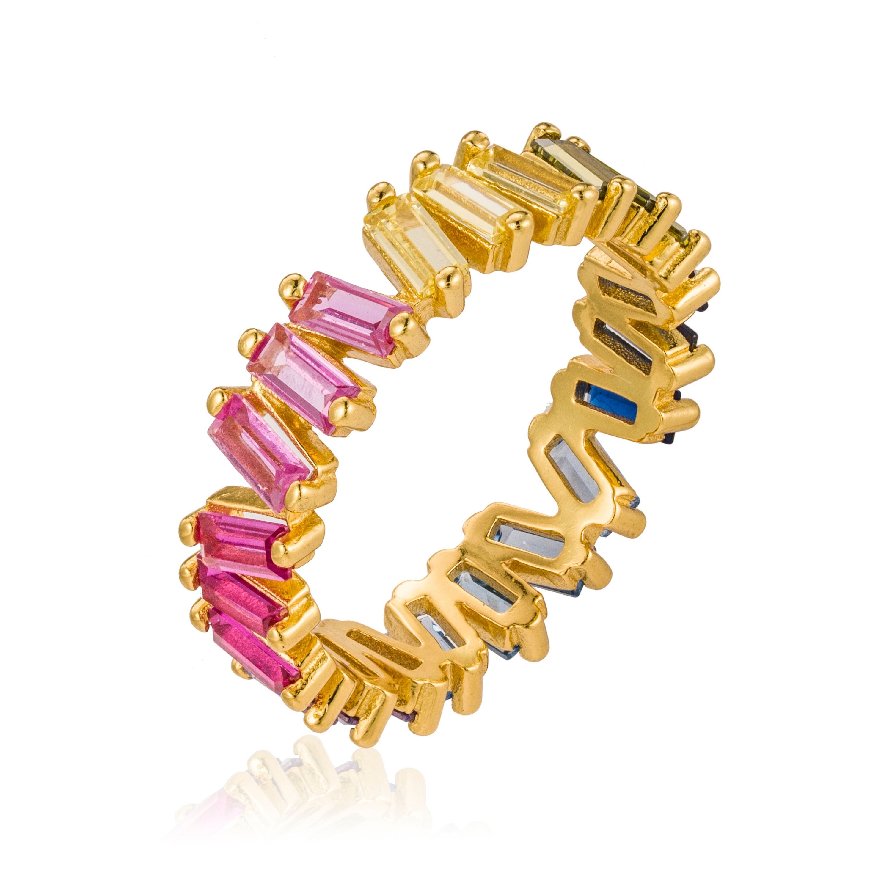 Brandlinger Fingerring Ring Rio, Silber 925 vergoldet, Bunte Zirkoniasteine in Baguetteschliff