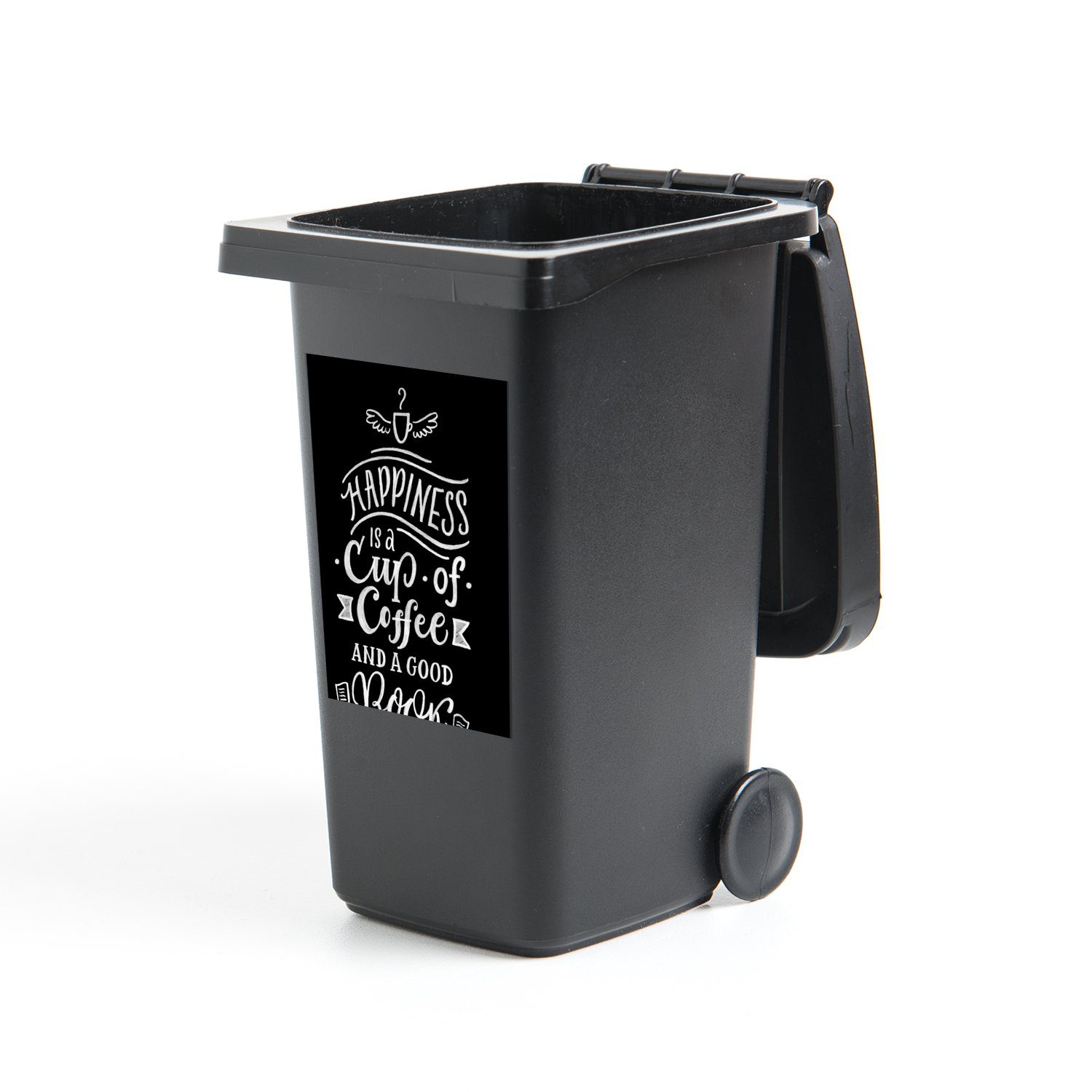 MuchoWow Wandsticker Zitate - Das Glück ist eine Tasse Kaffee und ein gutes Buch - Kaffee - (1 St), Mülleimer-aufkleber, Mülltonne, Sticker, Container, Abfalbehälter