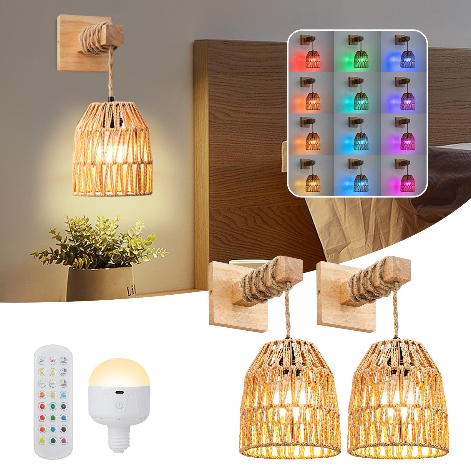 Rosnek LED Wandleuchte Boho, Batteriebetrieben, Wiederaufladbar, Dimmbar, Memory-Funktion, gewebtes Rattan-Design, für Schlafzimmer, …