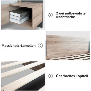 HAUSS SPLOE Massivholzbett Doppelbett Holzbett Polsterbett Bettrahmen (2 Nachttischen Schlafzimmer Komplett, 205.5x235x76.5 cm(T/B/H) Set in Eiche Sonoma/Dunkelgrau), mit 2 Nachtkommoden Modernes Bett inkl