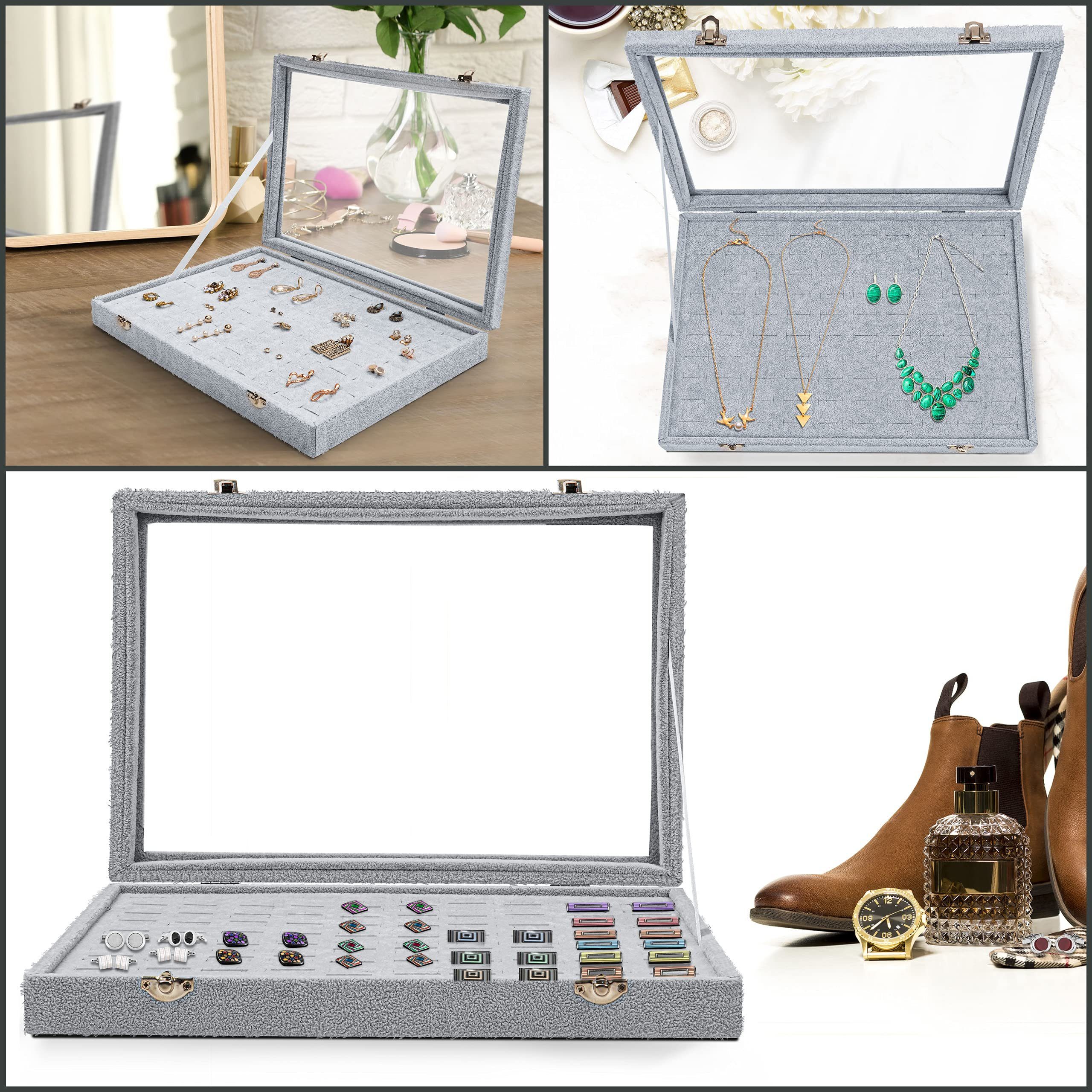 Gray 100 Vous Box: & Lid Jewelry Ringbox Box Belle Schmuckaufbewahrungsbox: & 100 Fächern Storage Schmuckständer Ring mit with Compartments Glass Glasdeckel, Graue