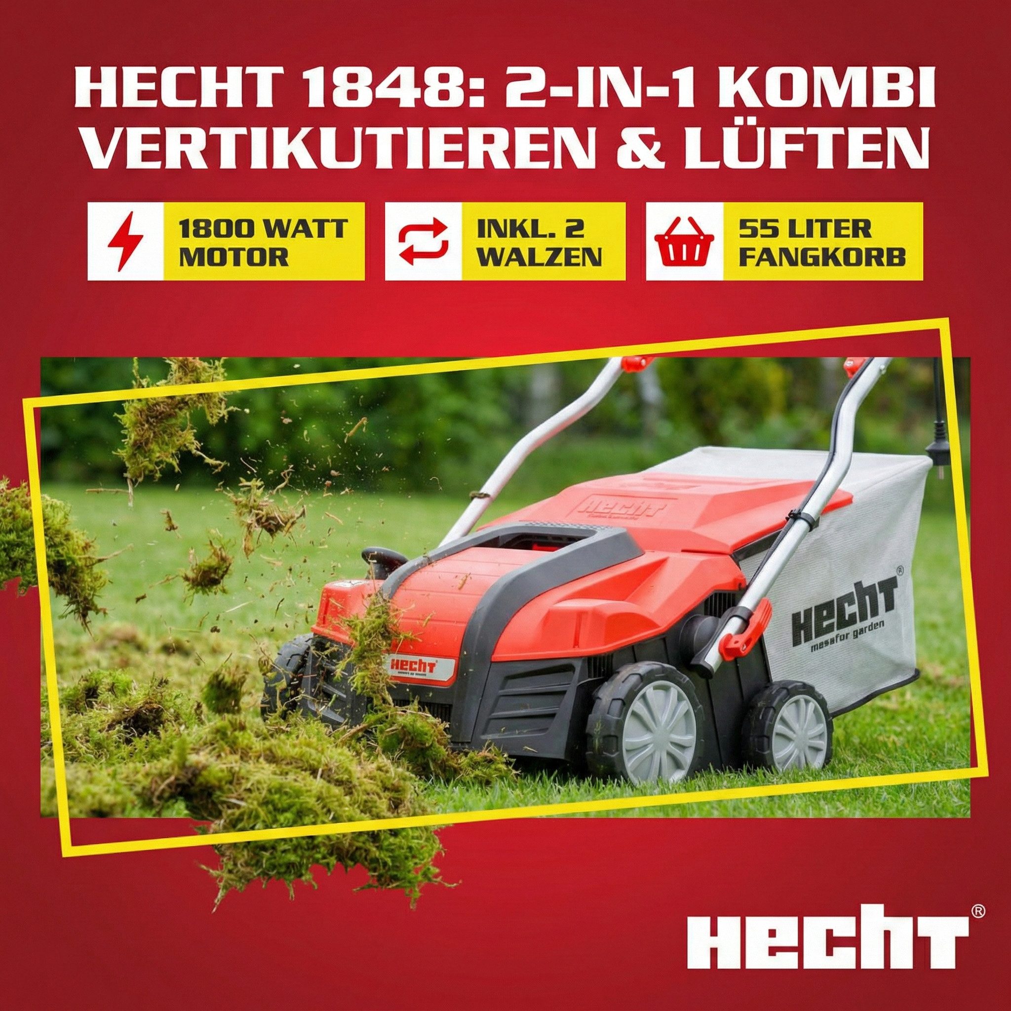 Hecht Elektro-Vertikutierer / Lüfter Rasenlüfter 1848 2in1 mit 55 Liter Grasfangkorb, 38,30 cm Arbeitsbreite, 1800 Watt, 20 Vertikutiermesser